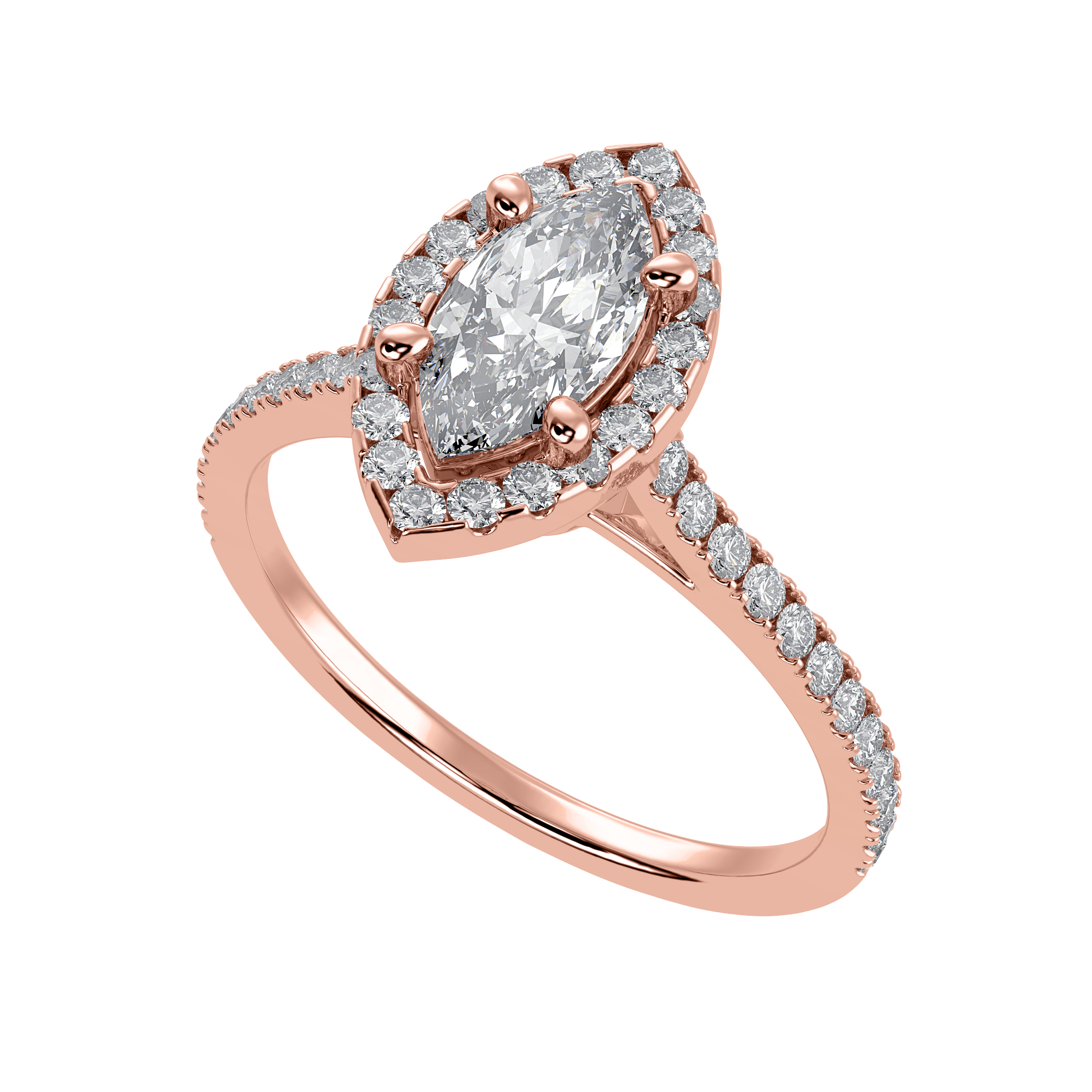 70-Pointer Marquise Cut Solitaire Halo Diamond Shank 18K Rose Gold Ring JL AU 1290R-B   Jewelove.US