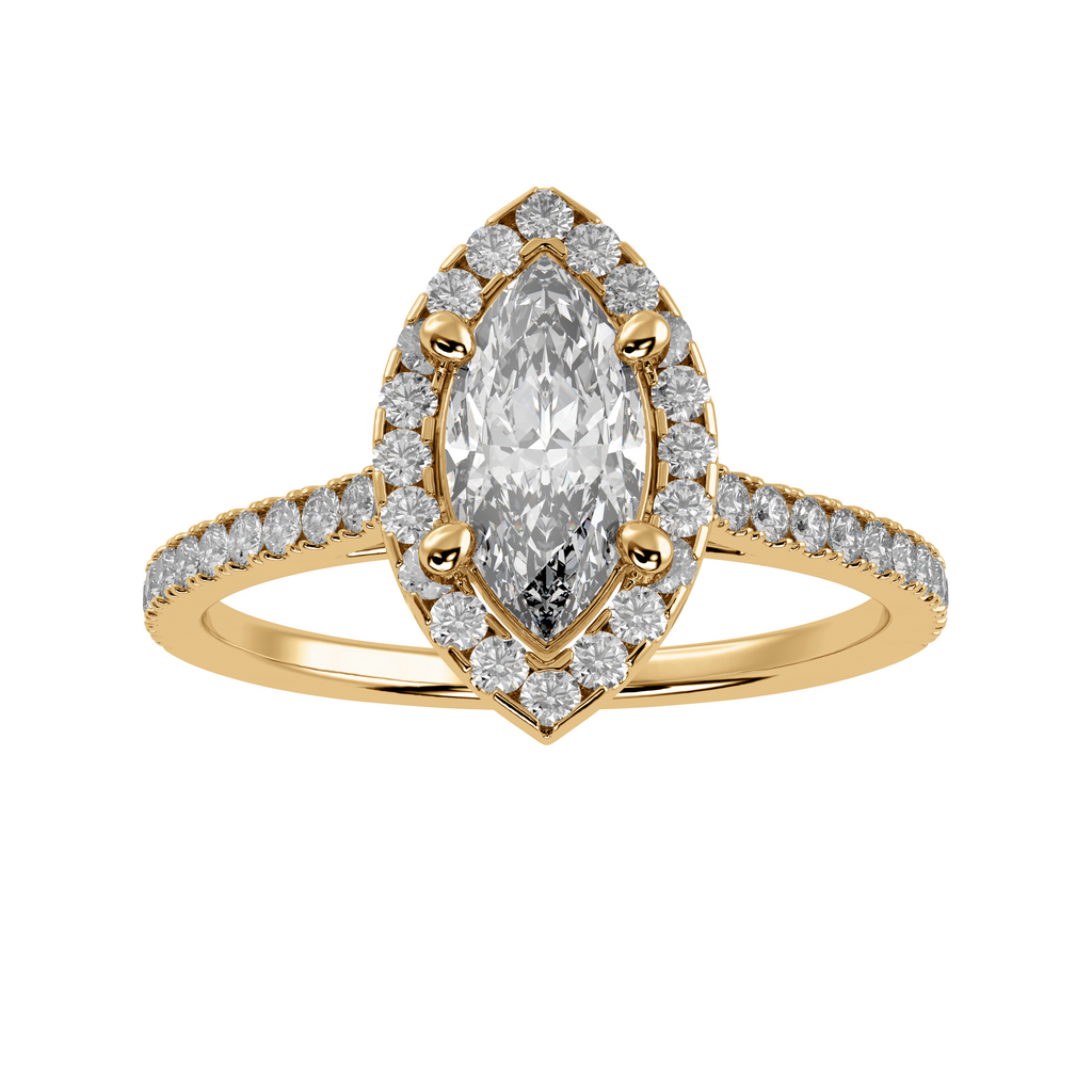 50-Pointer Marquise Cut Solitaire Halo Diamond Shank 18K Yellow Gold Ring JL AU 1290Y-A   Jewelove.US