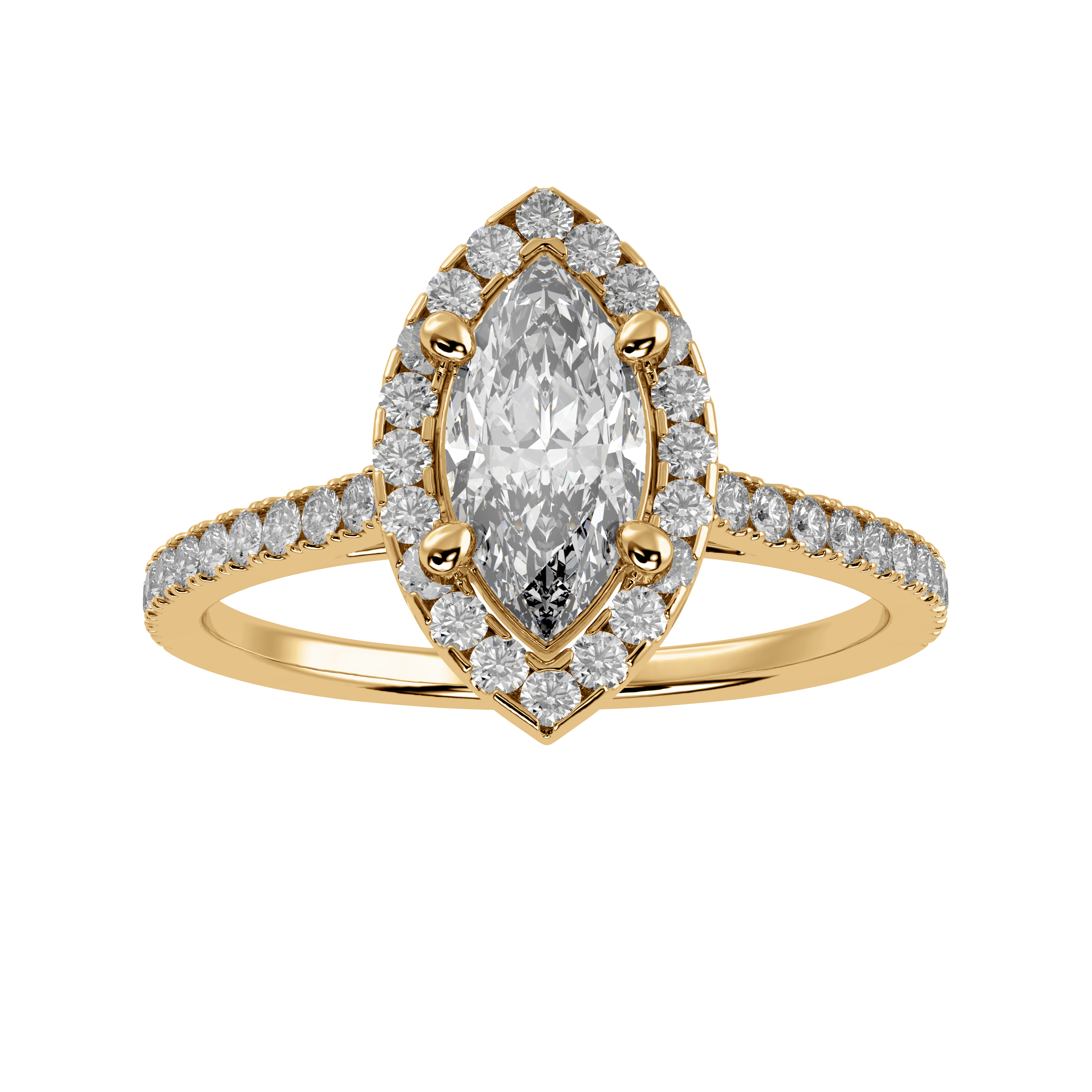 70-Pointer Marquise Cut Solitaire Halo Diamond Shank 18K Yellow Gold Ring JL AU 1290Y-B   Jewelove.US