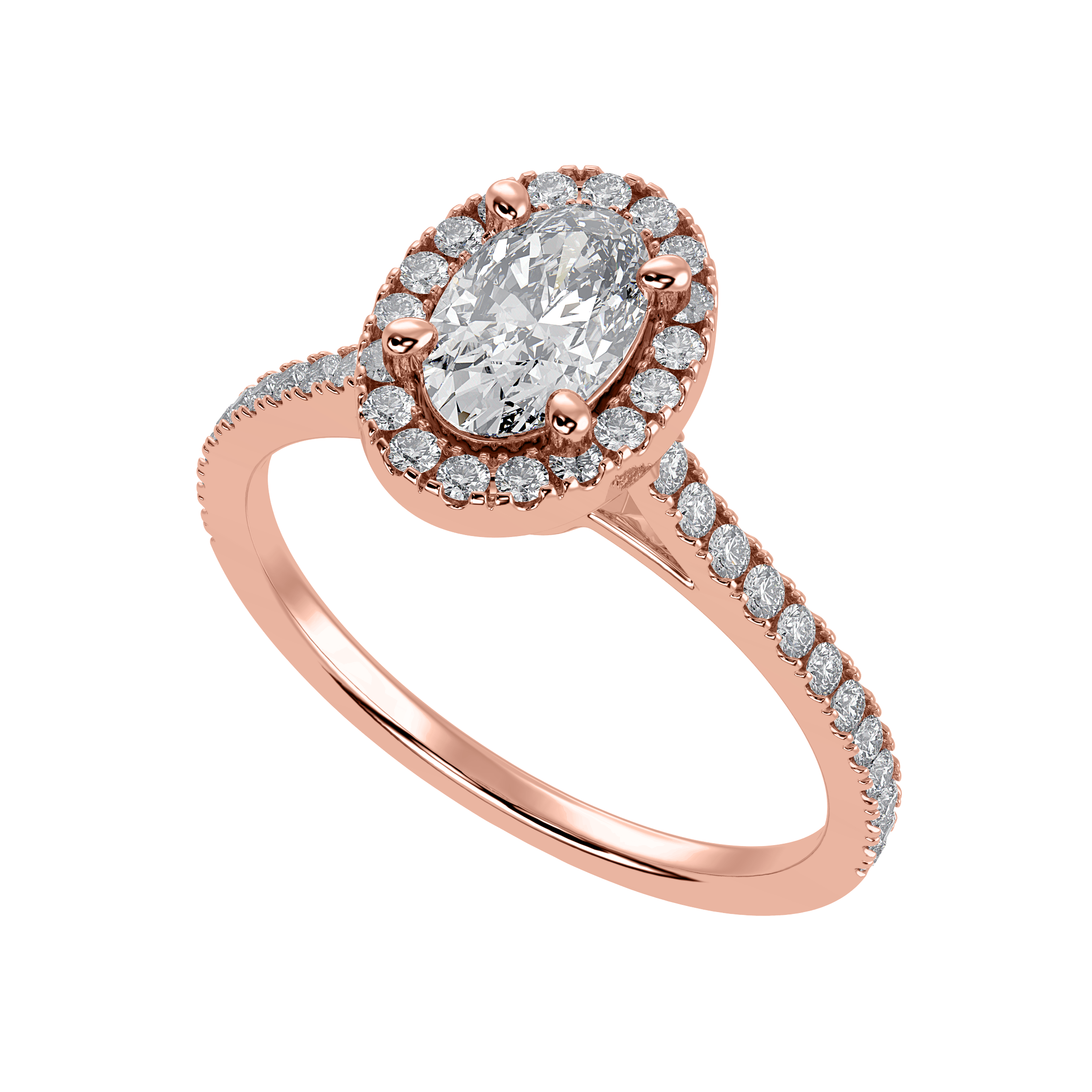 70-Pointer Oval Cut Solitaire Halo Diamond Shank 18K Rose Gold Ring JL AU 1291R-B   Jewelove.US