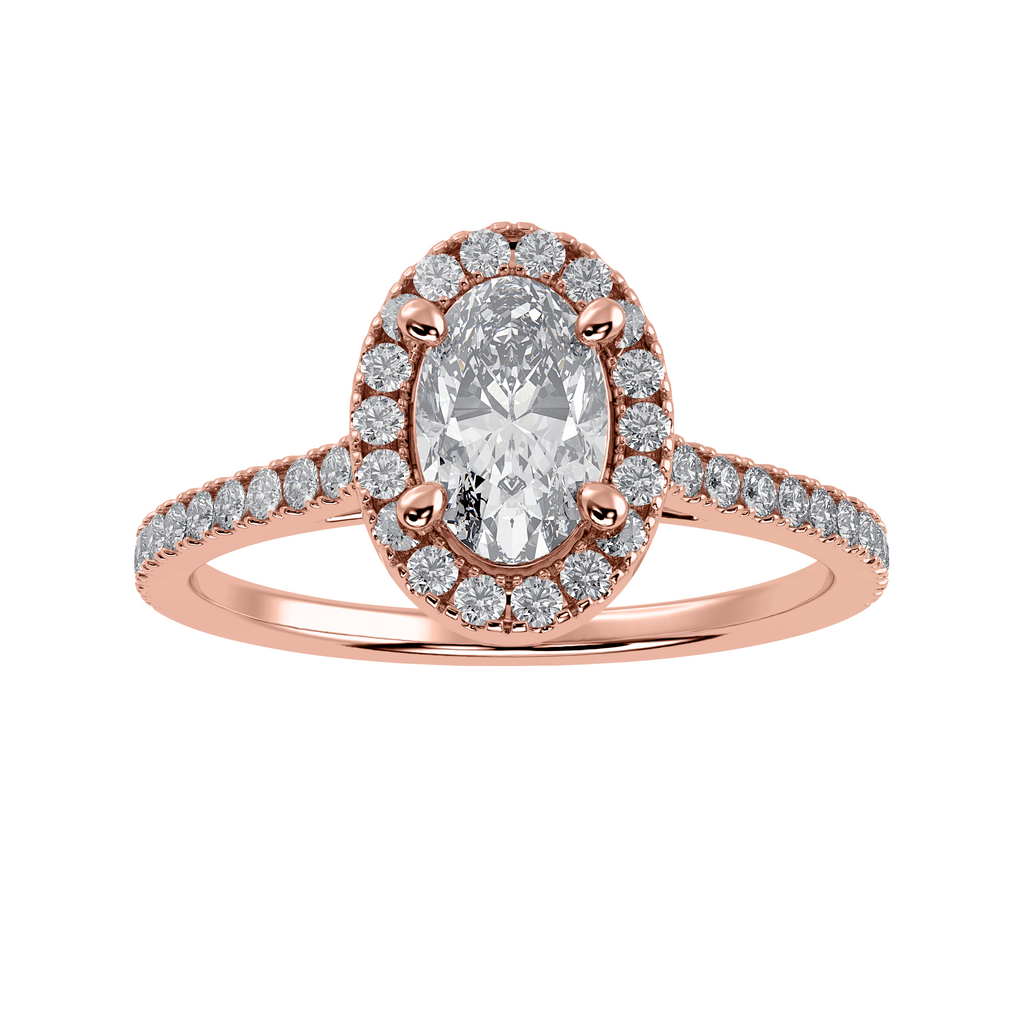 50-Pointer Oval Cut Solitaire Halo Diamond Shank 18K Rose Gold Ring JL AU 1291R-A   Jewelove.US