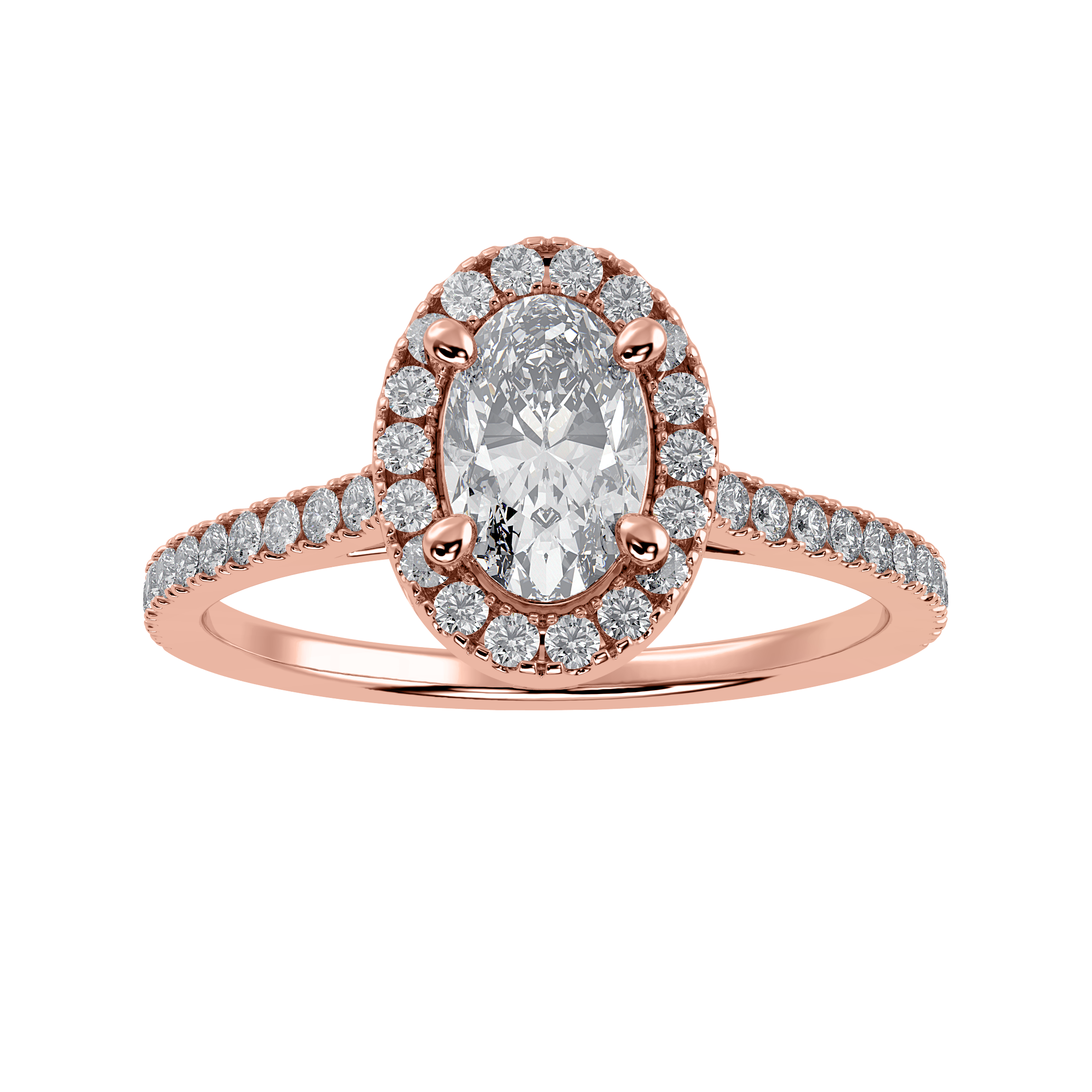 70-Pointer Oval Cut Solitaire Halo Diamond Shank 18K Rose Gold Ring JL AU 1291R-B   Jewelove.US