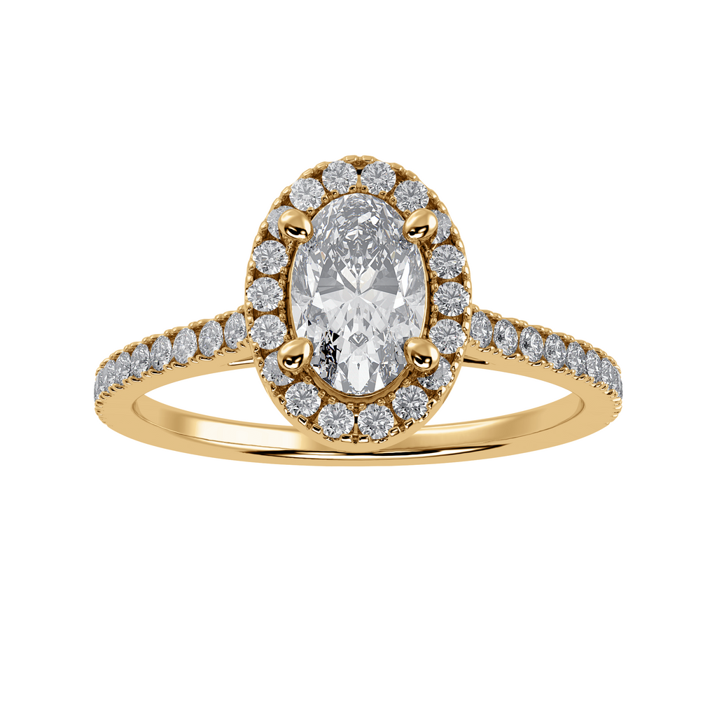 70-Pointer Oval Cut Solitaire Halo Diamond Shank 18K Yellow Gold Ring JL AU 1291Y-B   Jewelove.US