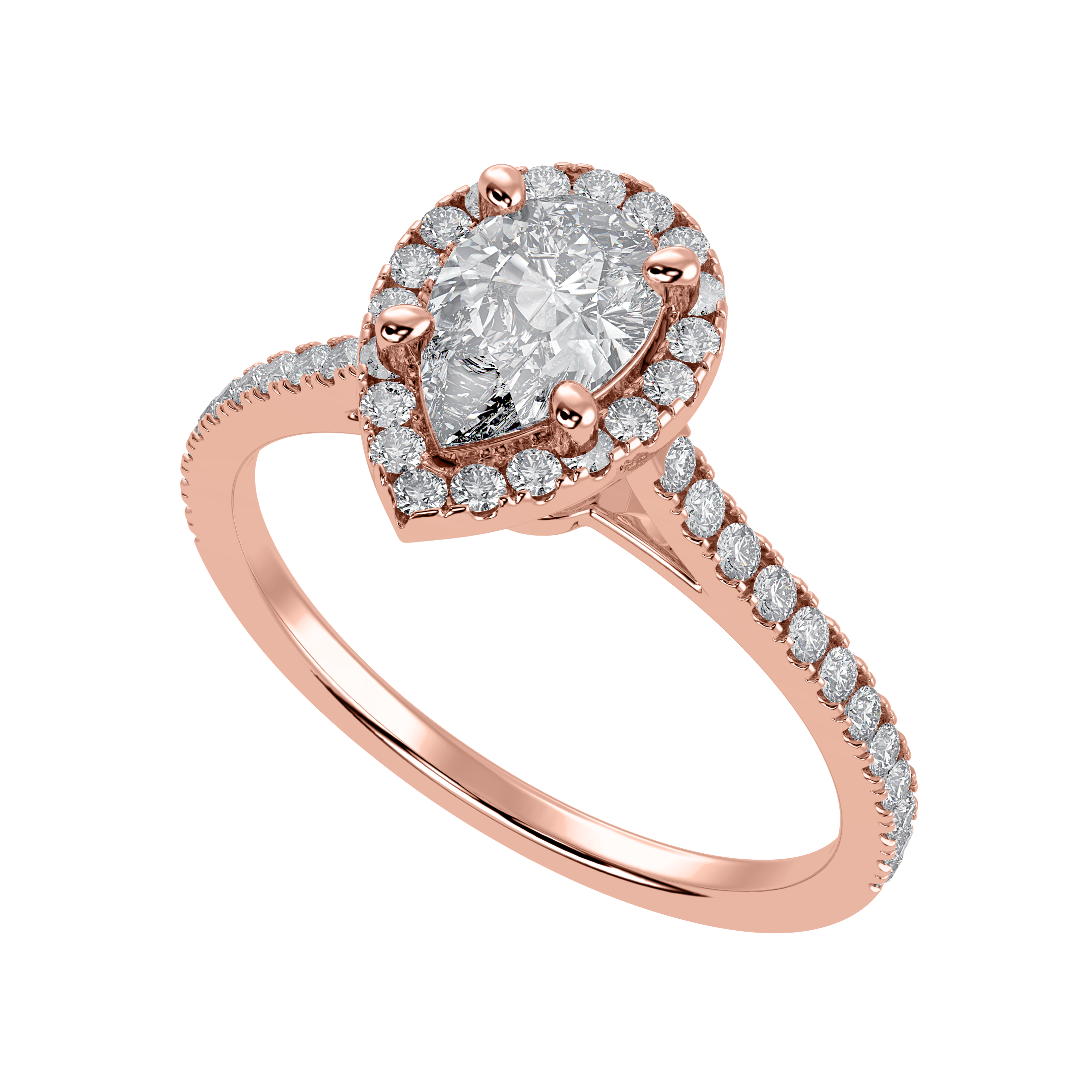 50-Pointer Pear Cut Solitaire Halo Diamond Shank 18K Rose Gold Ring JL AU 1292R-A   Jewelove.US