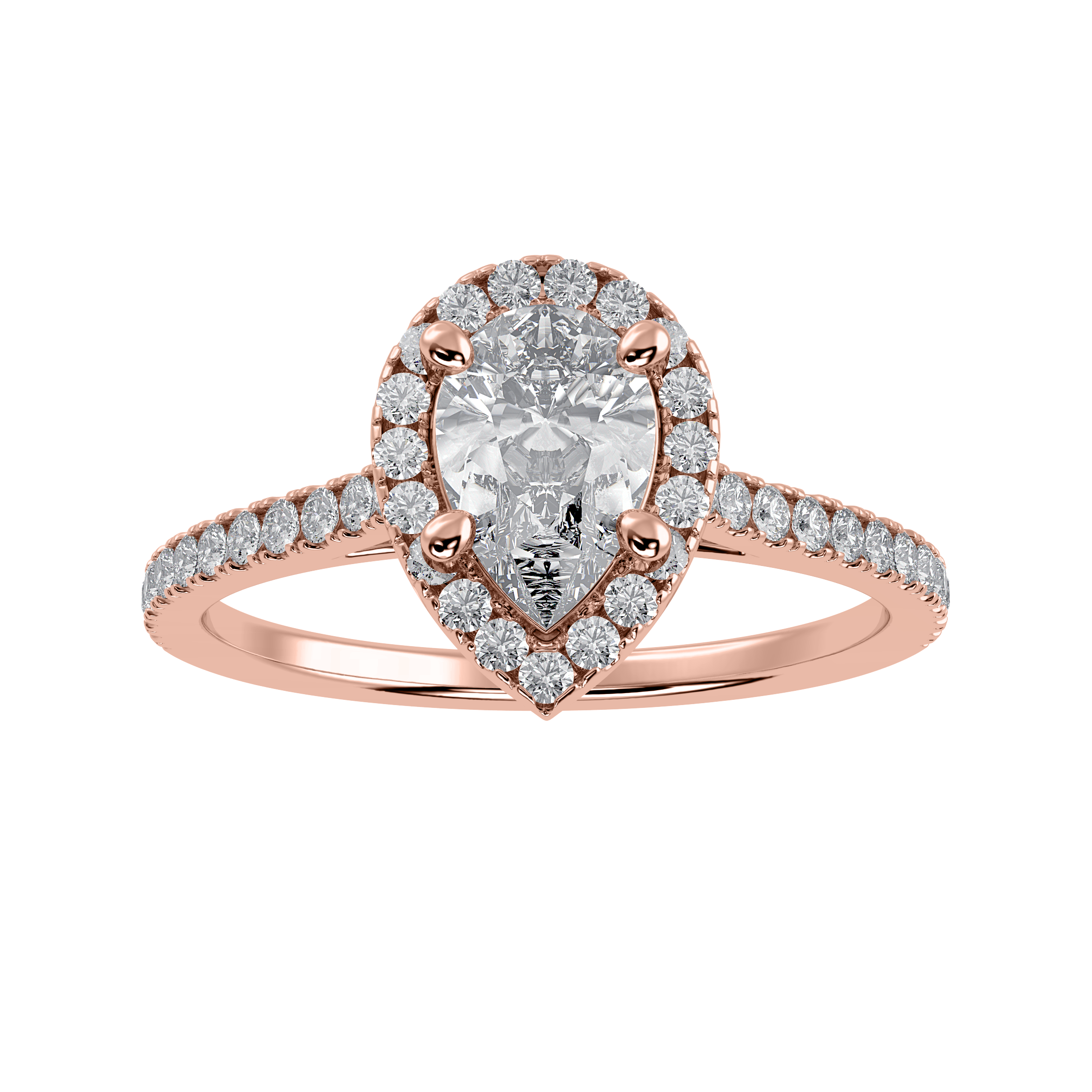 70-Pointer Pear Cut Solitaire Halo Diamond Shank 18K Rose Gold Ring JL AU 1292R-B   Jewelove.US