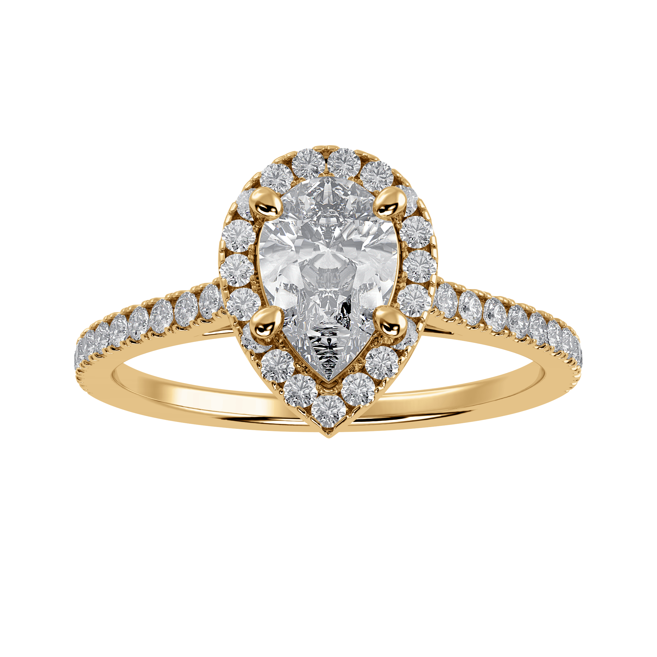 70-Pointer Pear Cut Solitaire Halo Diamond Shank 18K Yellow Gold Ring JL AU 1292Y-B   Jewelove.US