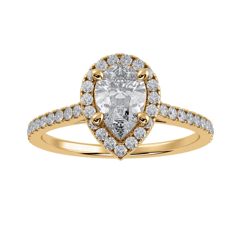 50-Pointer Pear Cut Solitaire Halo Diamond Shank 18K Yellow Gold Ring JL AU 1292Y-A   Jewelove.US
