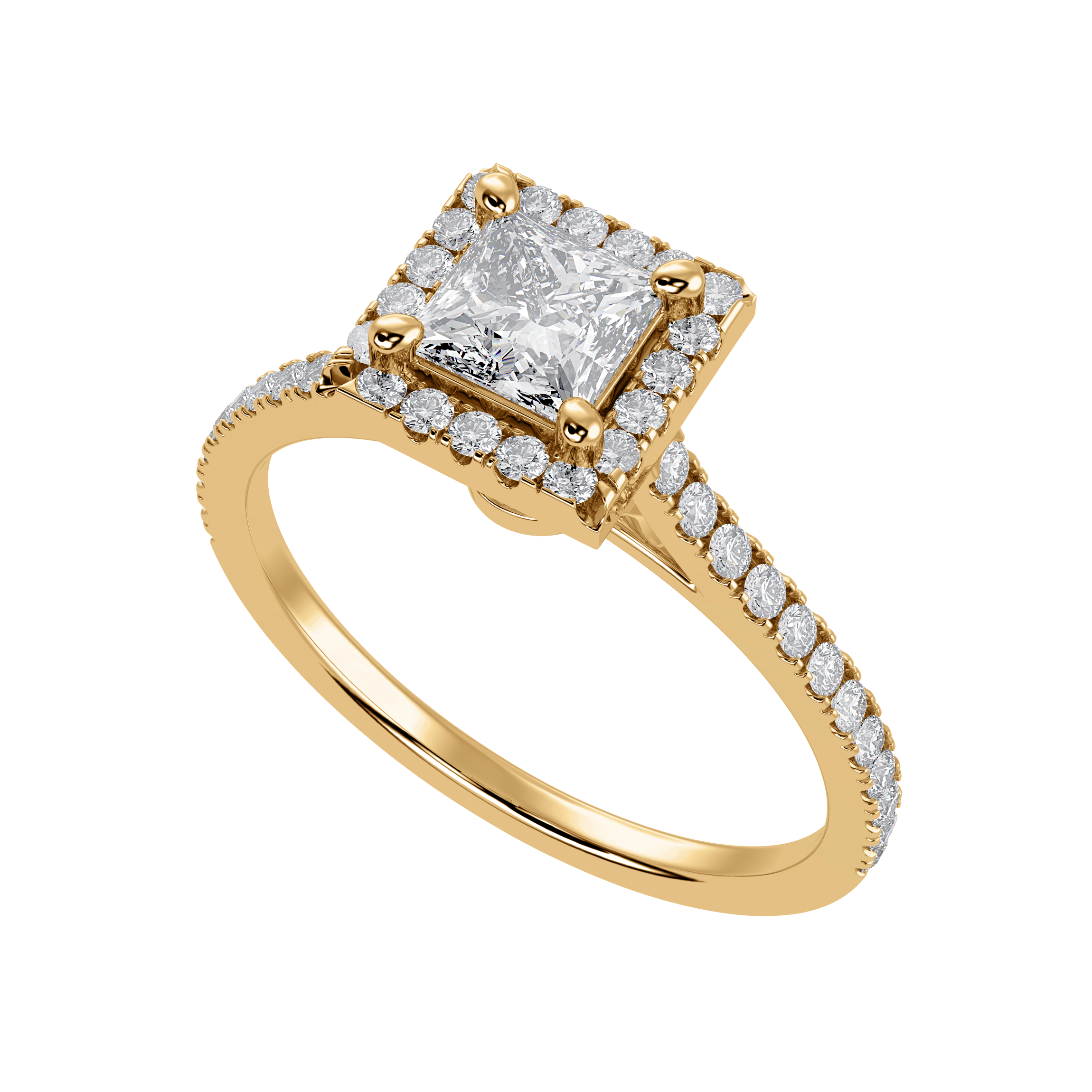 50-Pointer Princess Cut Solitaire Halo Diamond Shank 18K Yellow Gold Ring JL AU 1293Y-A   Jewelove.US