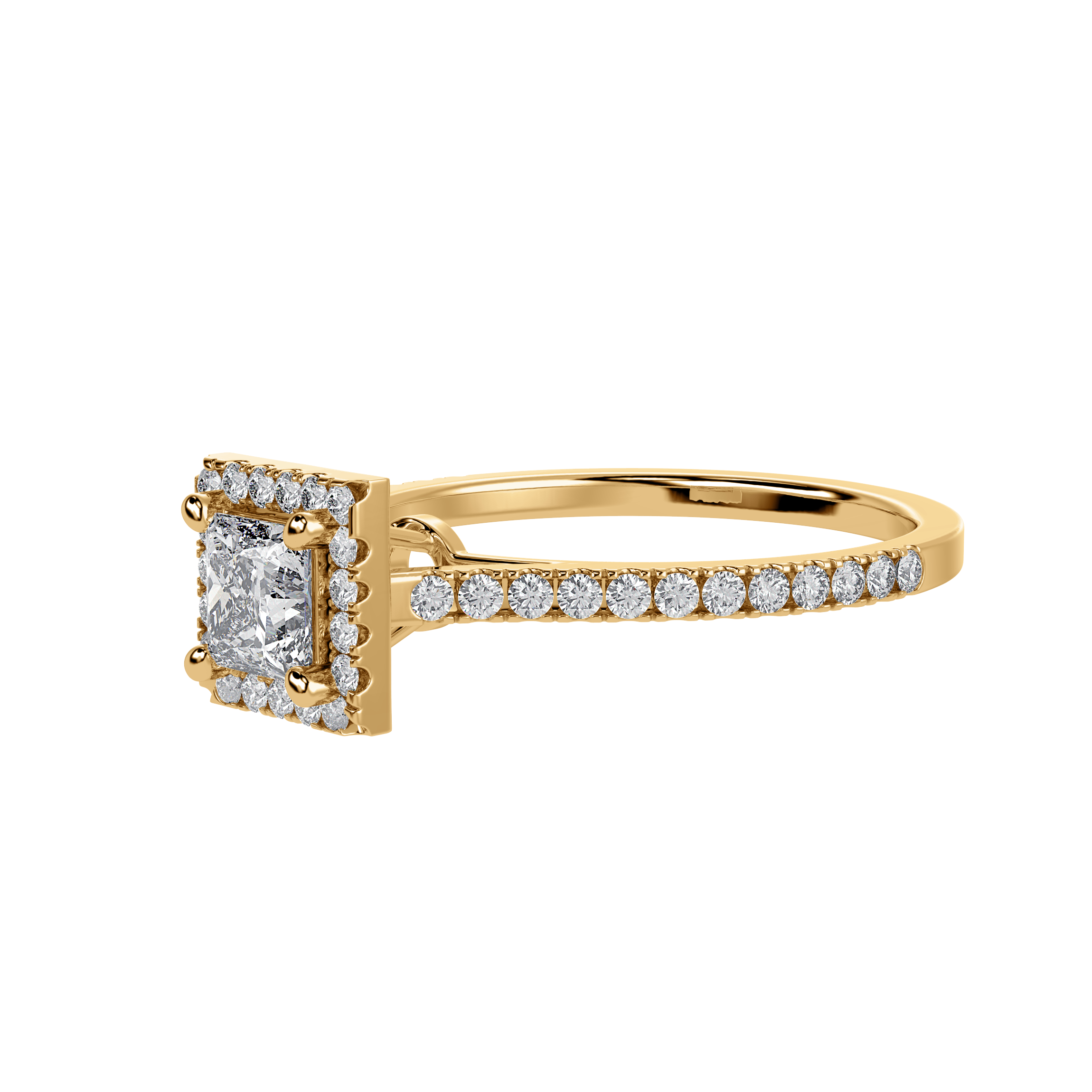 70-Pointer Princess Cut Solitaire Halo Diamond Shank 18K Yellow Gold Ring JL AU 1293Y-B   Jewelove.US