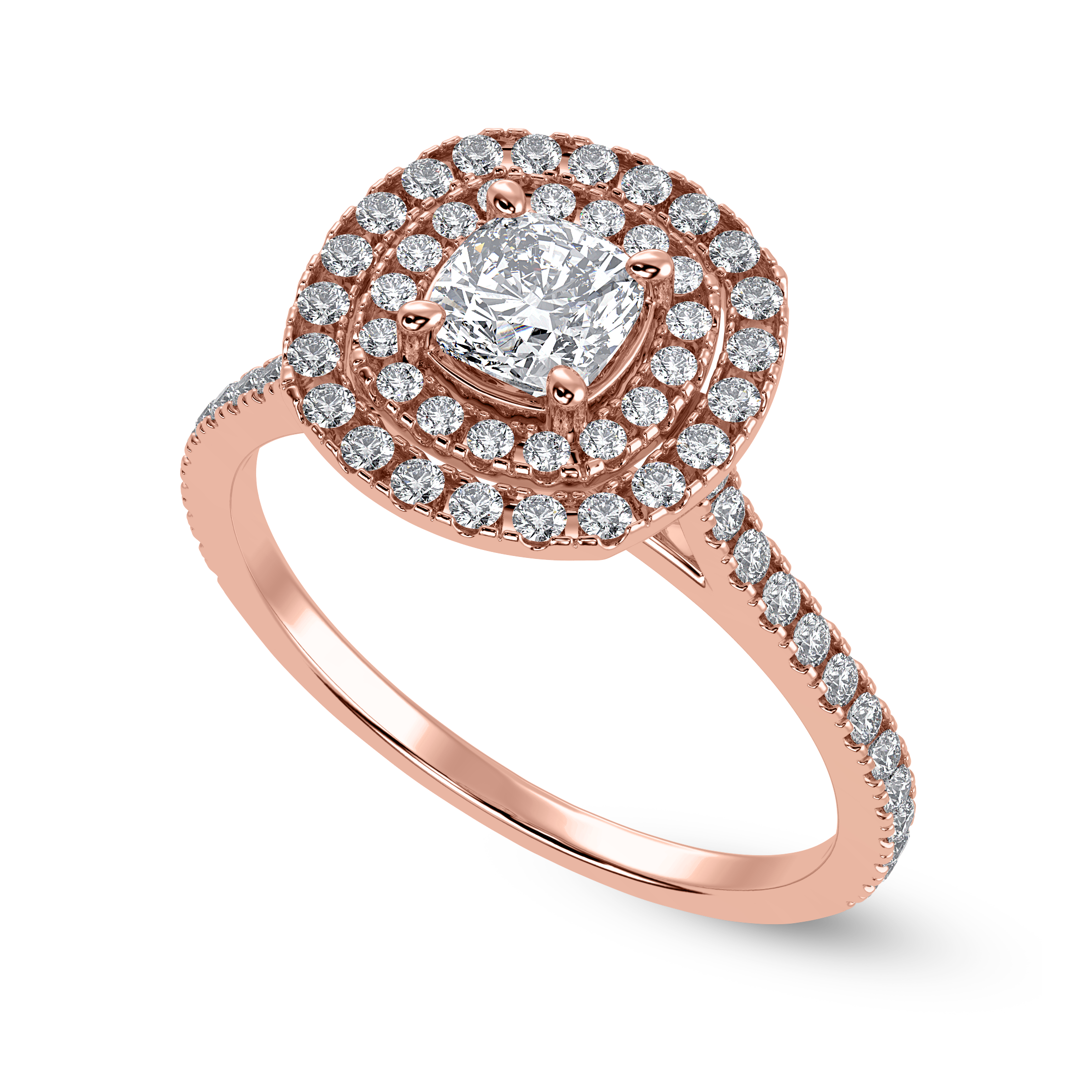 70-Pointer Cushion Cut Solitaire Double Halo Diamond Shank 18K Rose Gold Ring JL AU 1295R-B   Jewelove.US