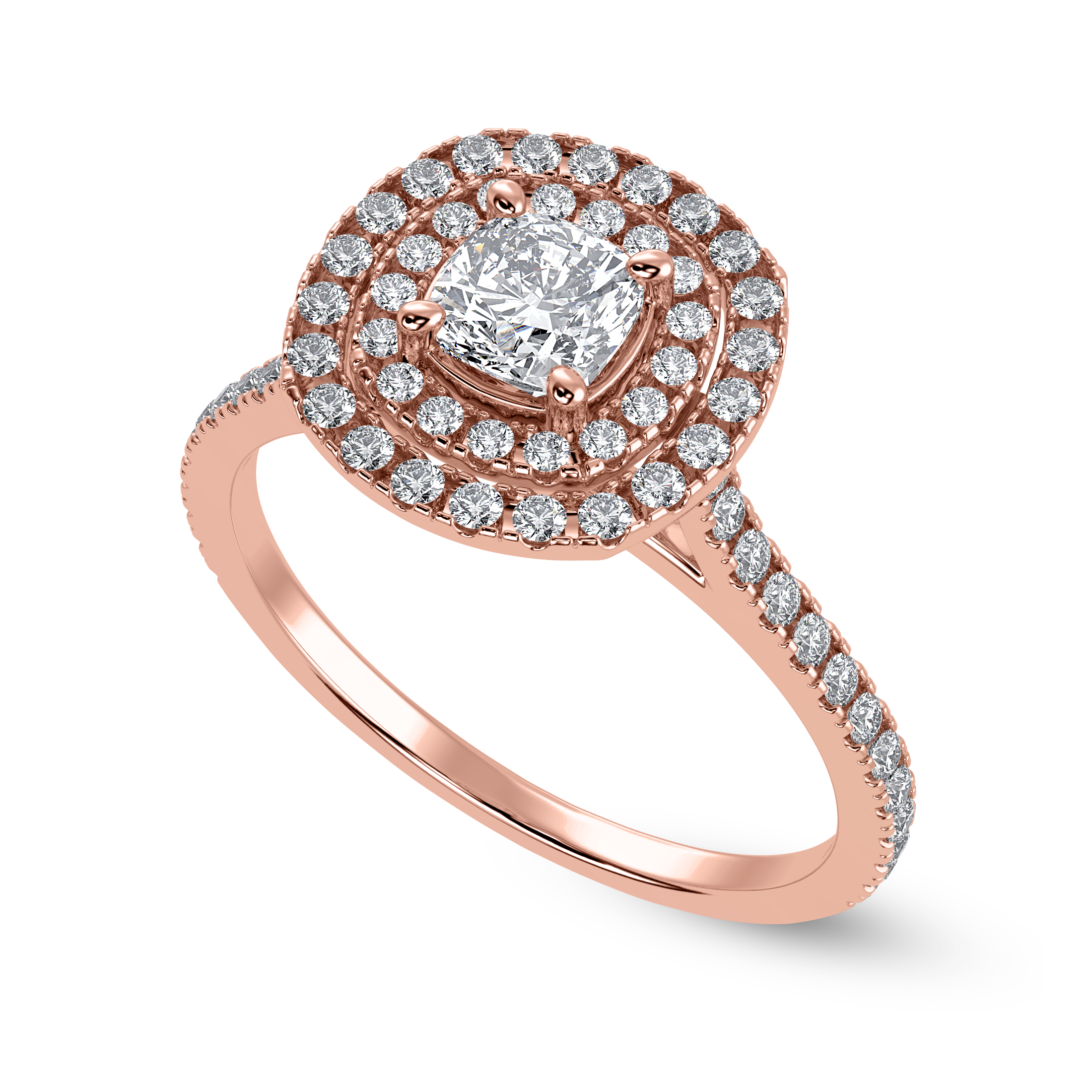 50-Pointer Cushion Cut Solitaire Double Halo Diamond Shank 18K Rose Gold Ring JL AU 1295R-A   Jewelove.US