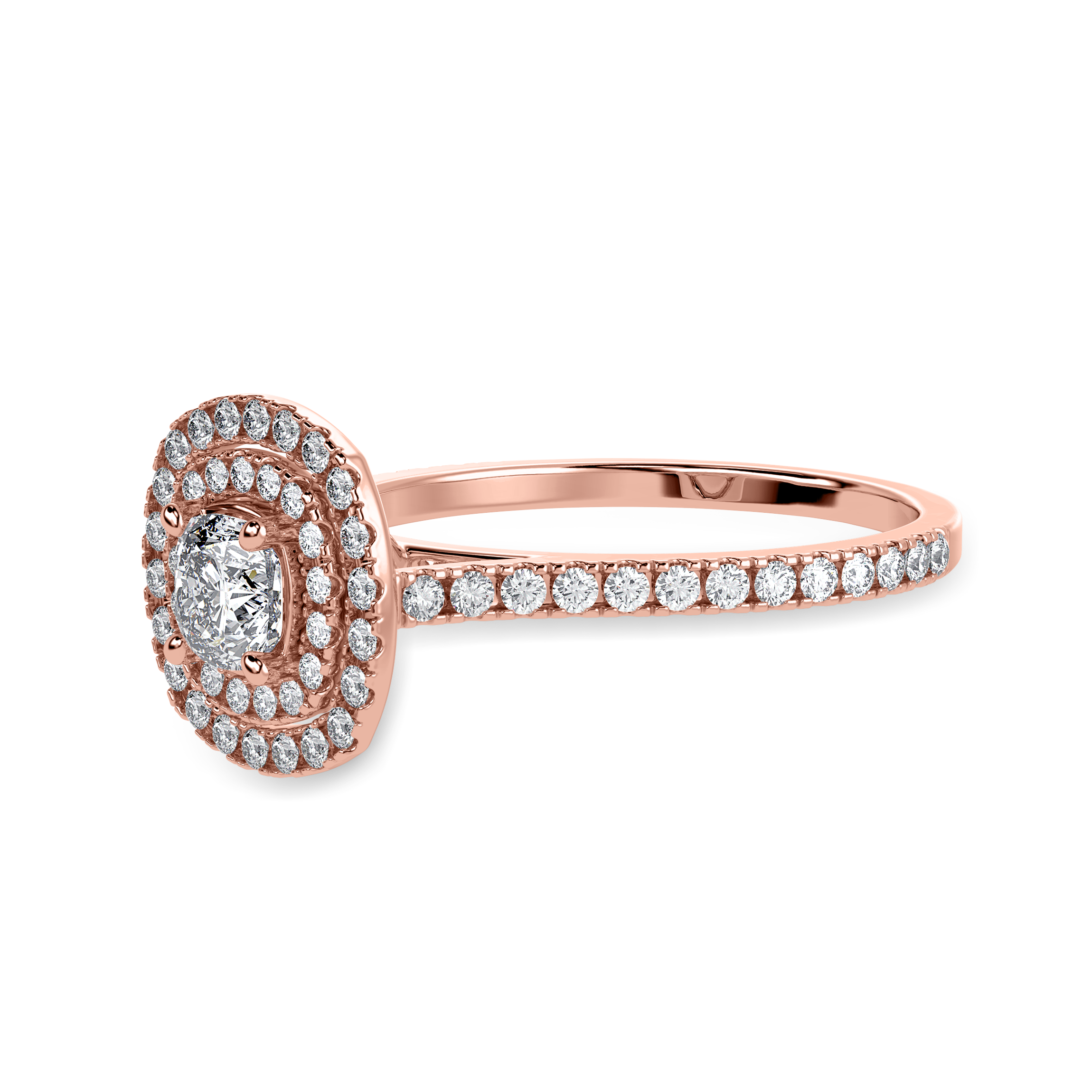 70-Pointer Cushion Cut Solitaire Double Halo Diamond Shank 18K Rose Gold Ring JL AU 1295R-B   Jewelove.US