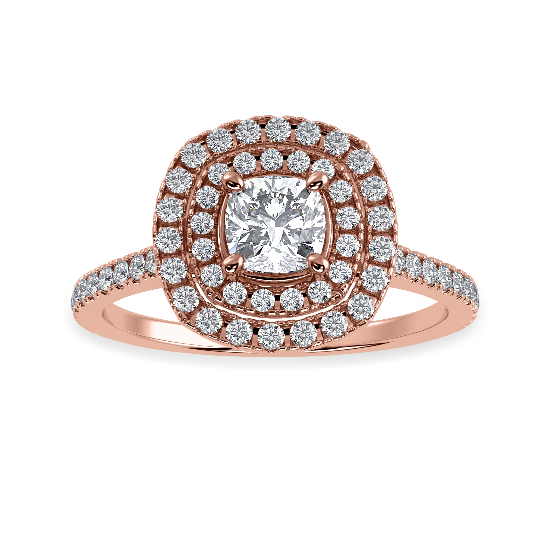 50-Pointer Cushion Cut Solitaire Double Halo Diamond Shank 18K Rose Gold Ring JL AU 1295R-A   Jewelove.US