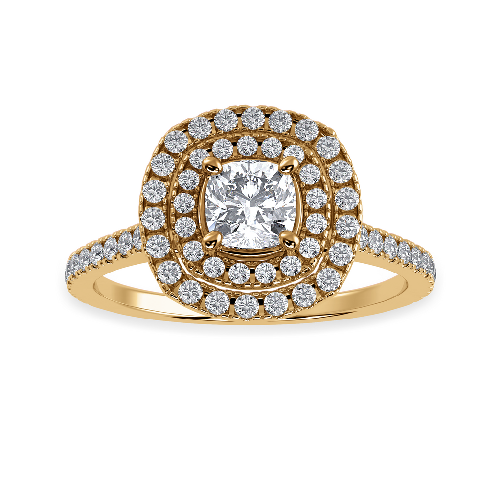 70-Pointer Cushion Cut Solitaire Halo Double Diamond Shank 18K Yellow Gold Ring JL AU 1295Y-B   Jewelove.US