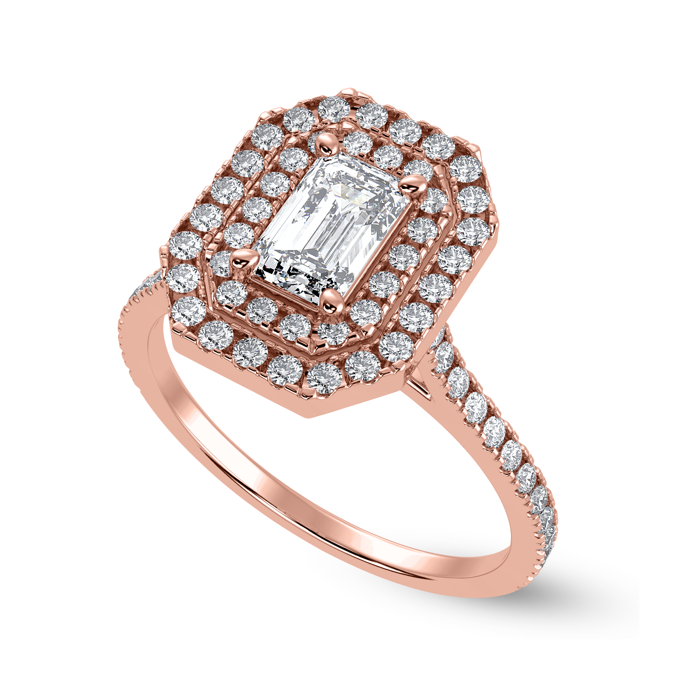 30-Pointer Emerald Cut Solitaire Double Halo Diamond Shank 18K Rose Gold Ring JL AU 1296R   Jewelove.US