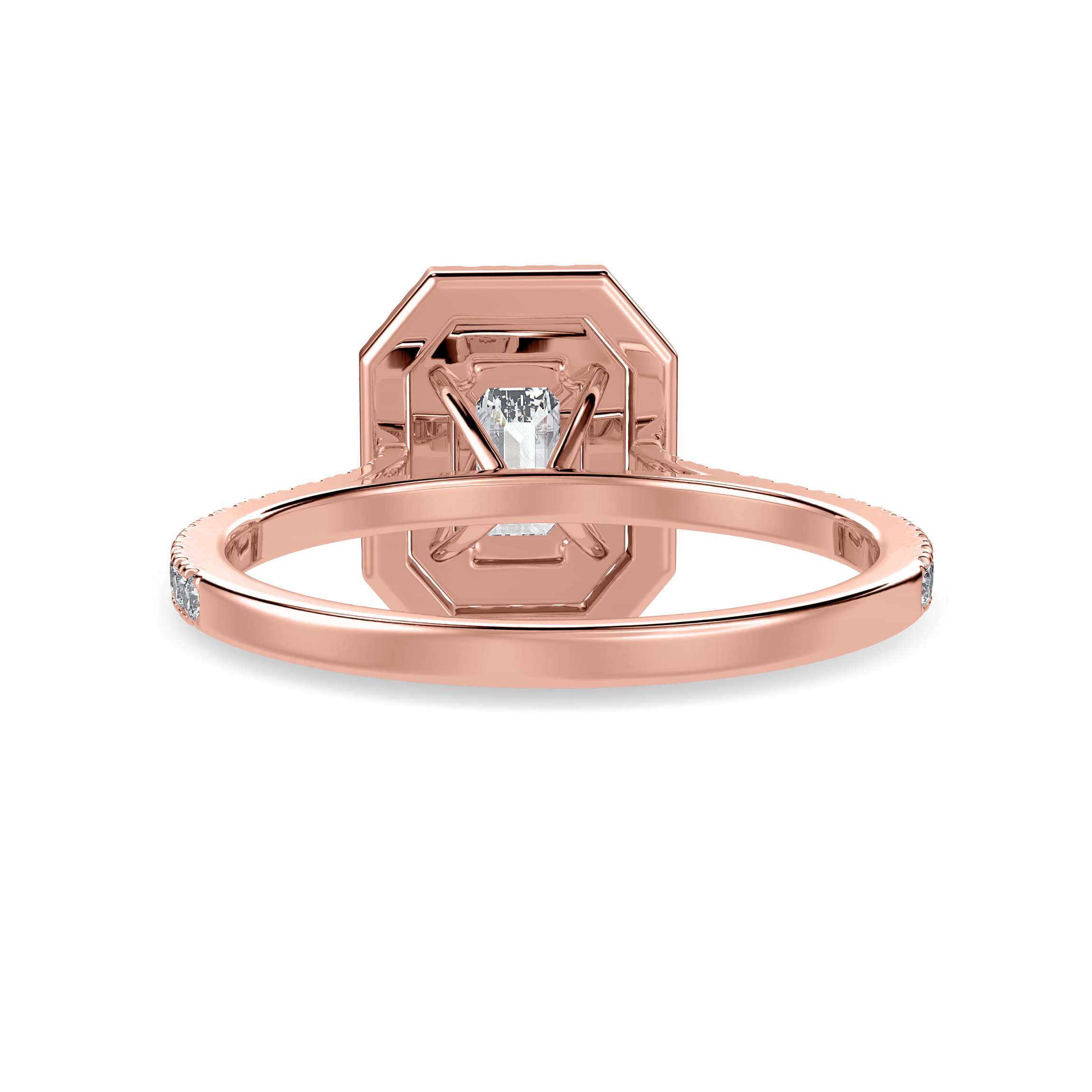 70-Pointer Emerald Cut Solitaire Double Halo Diamond Shank 18K Rose Gold Ring JL AU 1296R-B   Jewelove.US