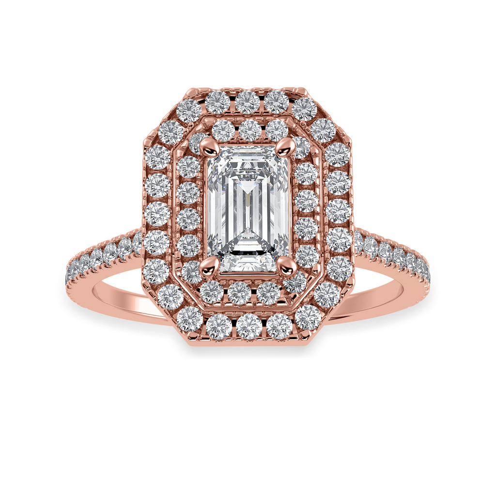 70-Pointer Emerald Cut Solitaire Double Halo Diamond Shank 18K Rose Gold Ring JL AU 1296R-B   Jewelove.US