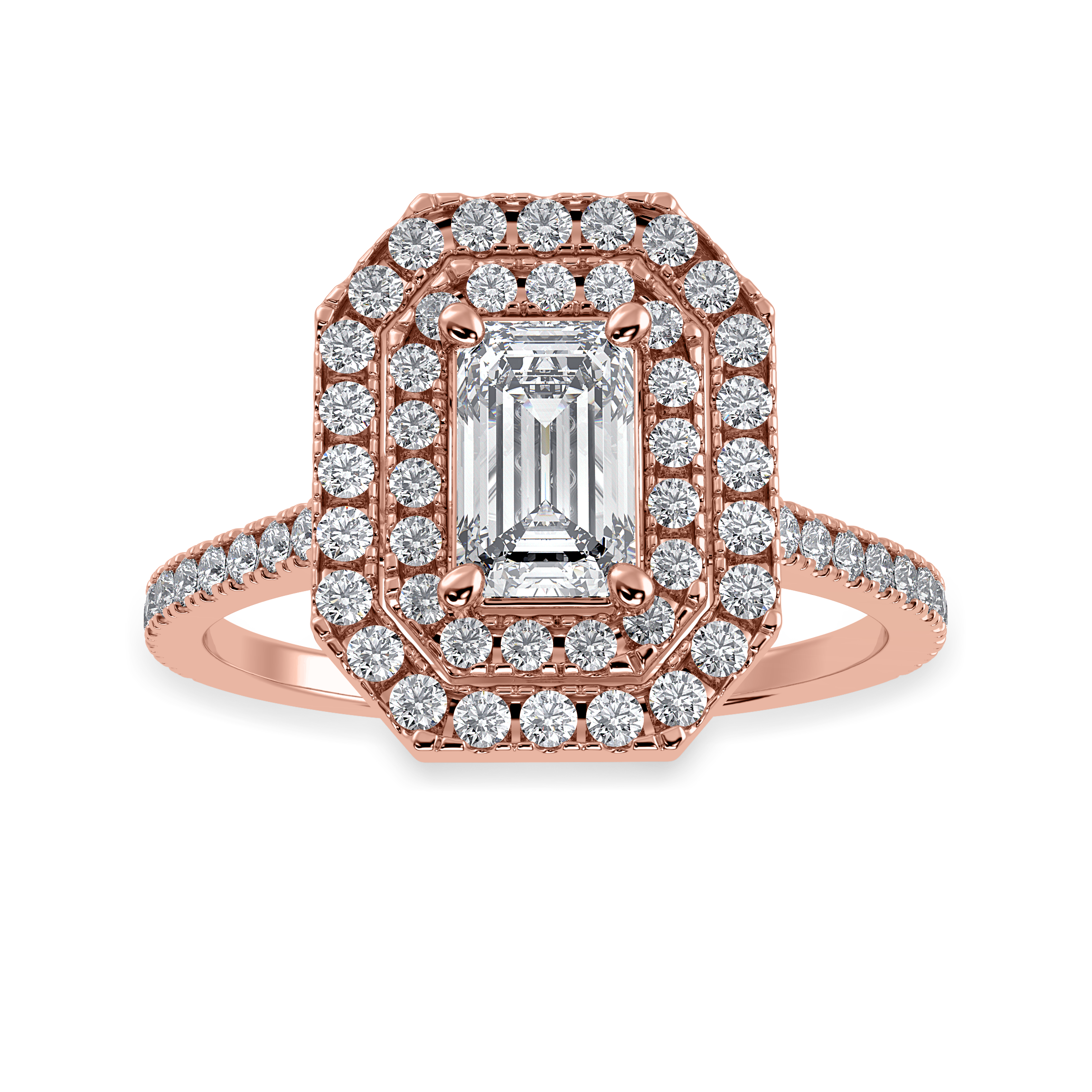 50-Pointer Emerald Cut Solitaire Double Halo Diamond Shank 18K Rose Gold Ring JL AU 1296R-A   Jewelove.US