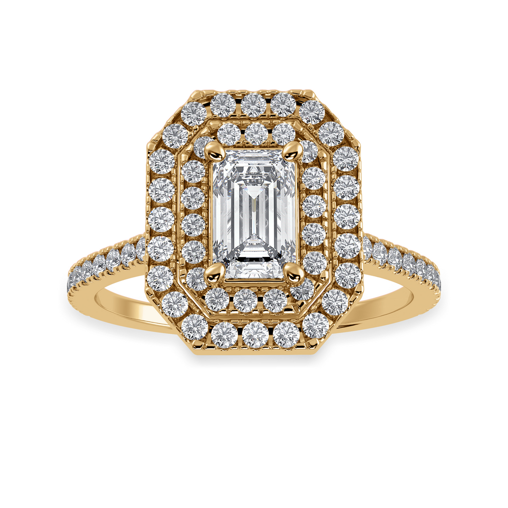 30-Pointer Emerald Cut Solitaire Double Halo Diamond Shank 18K Yellow Gold Ring JL AU 1296Y   Jewelove.US