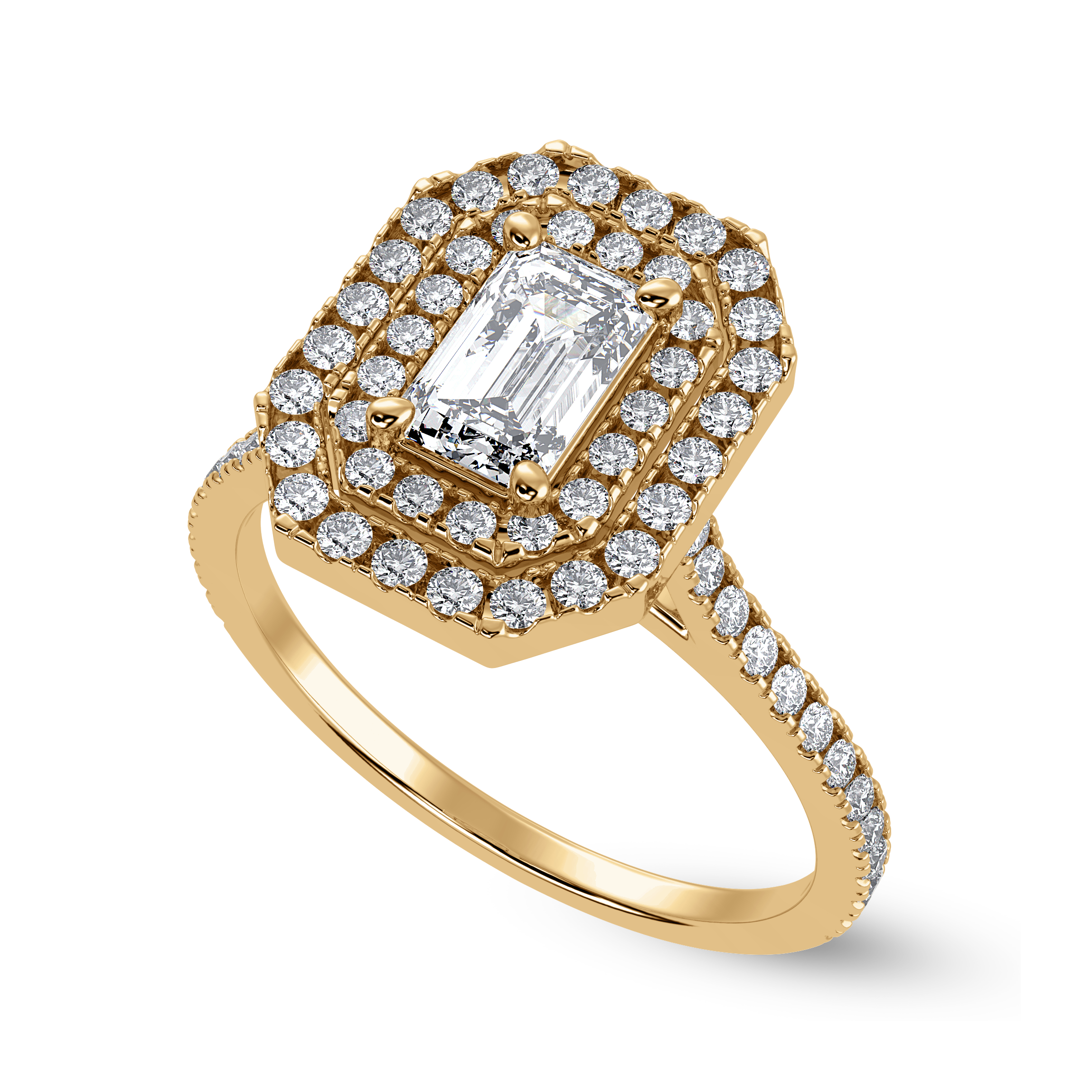 70-Pointer Emerald Cut Solitaire Double Halo Diamond Shank 18K Yellow Gold Ring JL AU 1296Y-B   Jewelove.US