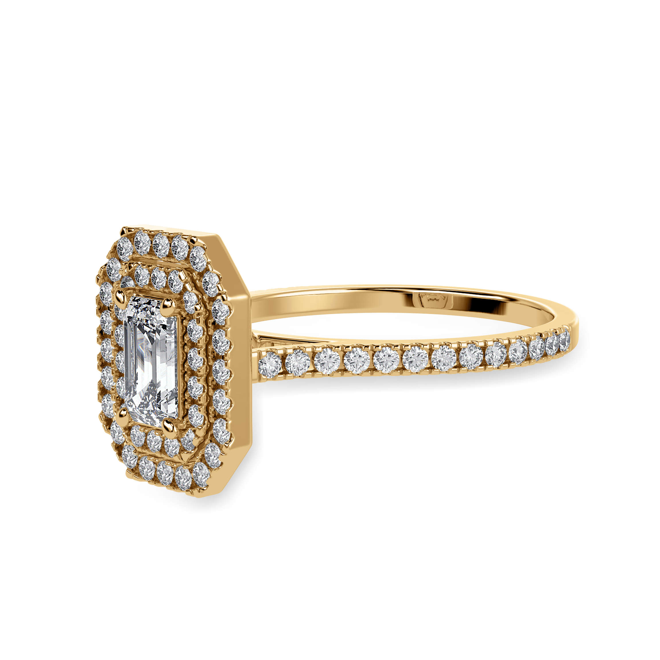 70-Pointer Emerald Cut Solitaire Double Halo Diamond Shank 18K Yellow Gold Ring JL AU 1296Y-B   Jewelove.US