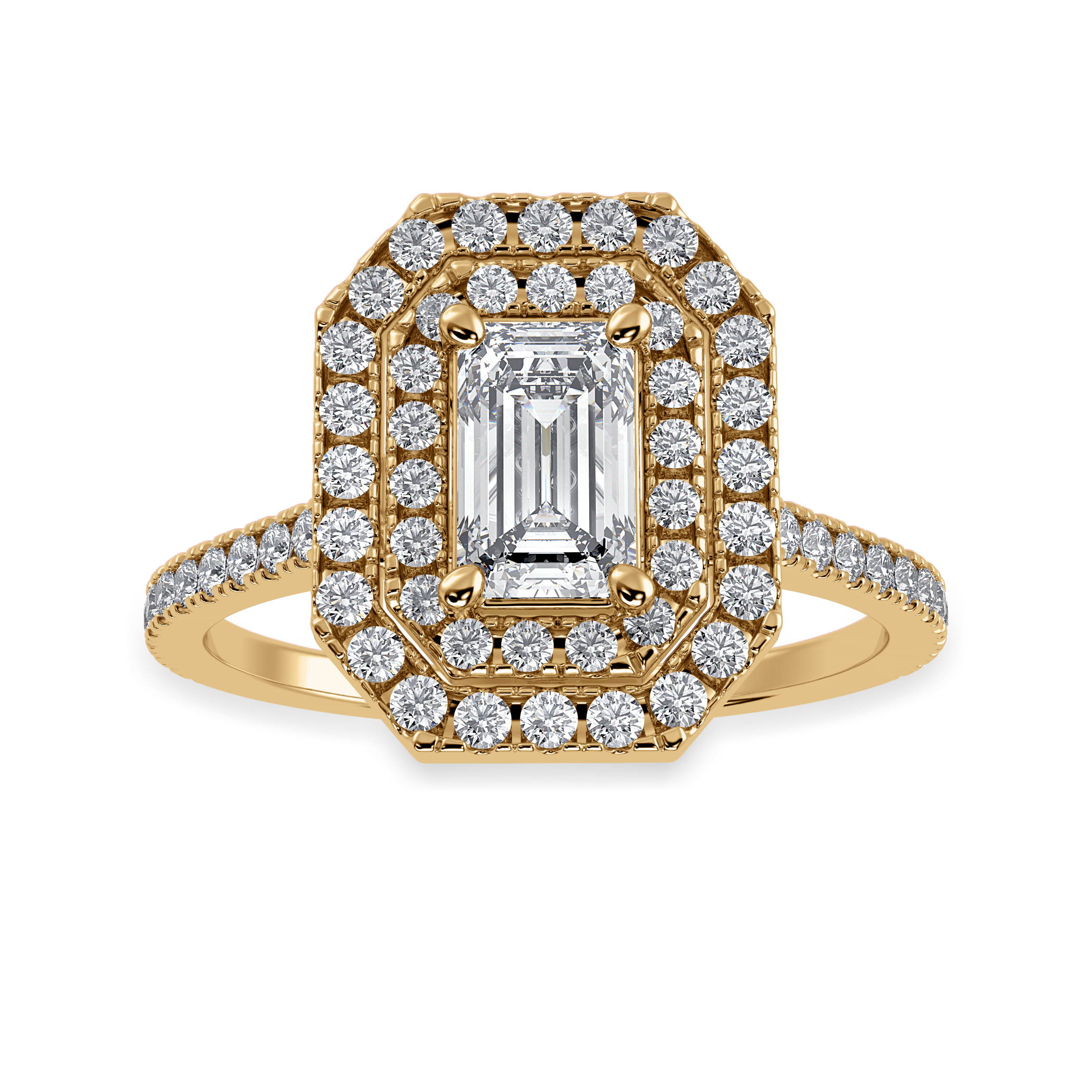 70-Pointer Emerald Cut Solitaire Double Halo Diamond Shank 18K Yellow Gold Ring JL AU 1296Y-B   Jewelove.US