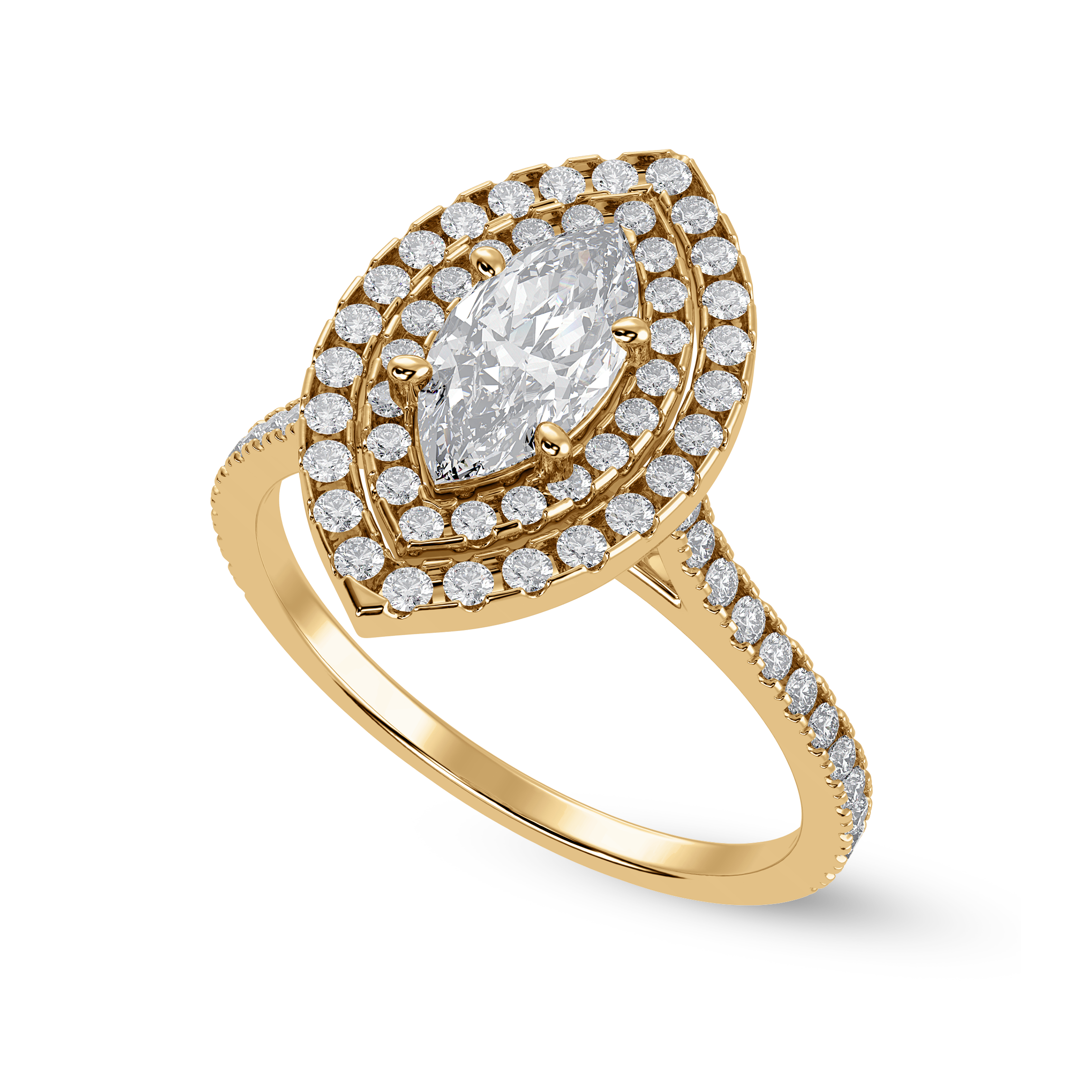 70-Pointer Marquise Cut Solitaire Double Halo Diamond Shank 18K Yellow Gold Ring JL AU 1298Y-B   Jewelove.US