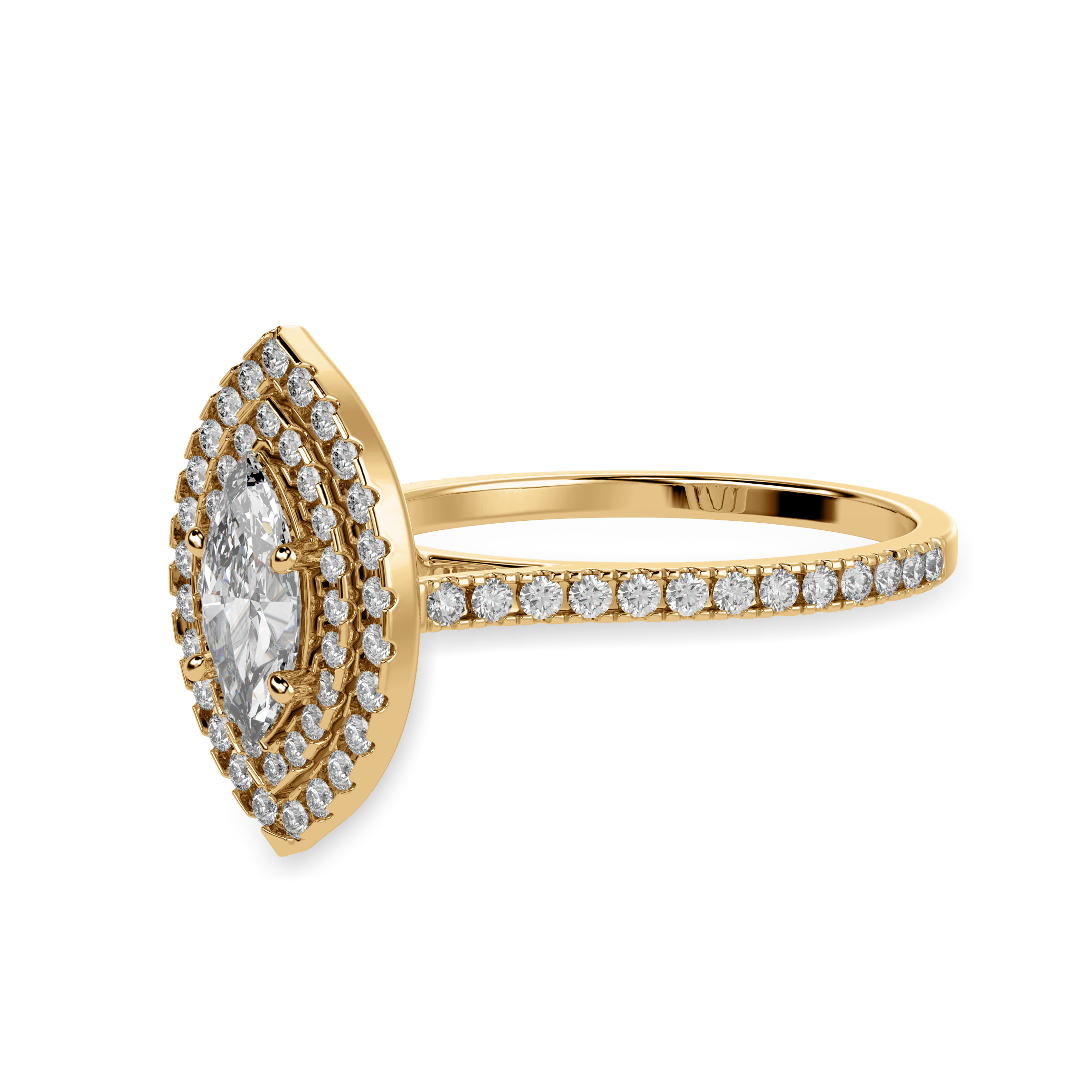 70-Pointer Marquise Cut Solitaire Double Halo Diamond Shank 18K Yellow Gold Ring JL AU 1298Y-B   Jewelove.US