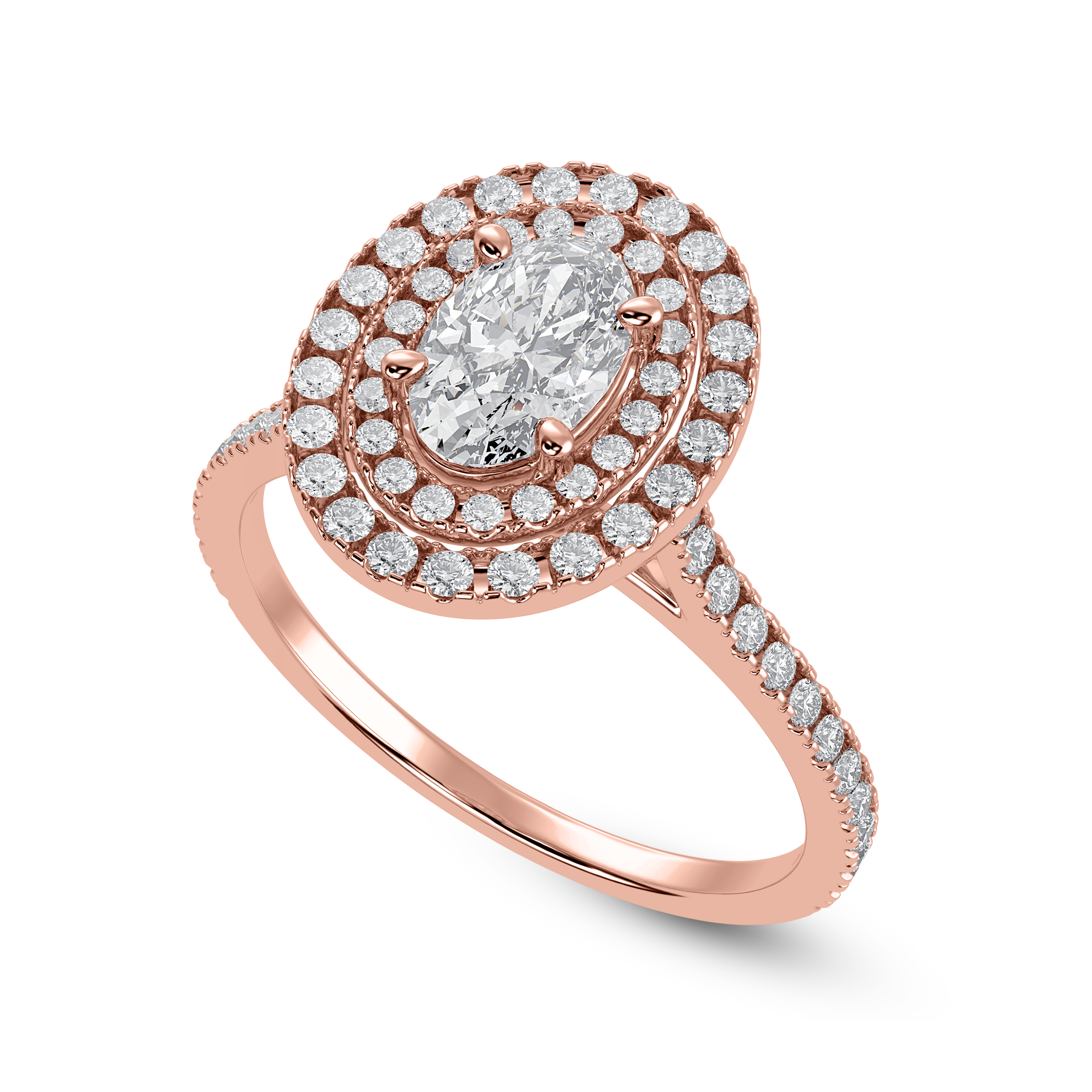 70-Pointer Oval Cut Solitaire Double Halo Diamond Shank 18K Rose Gold Ring JL AU 1299R-B   Jewelove.US