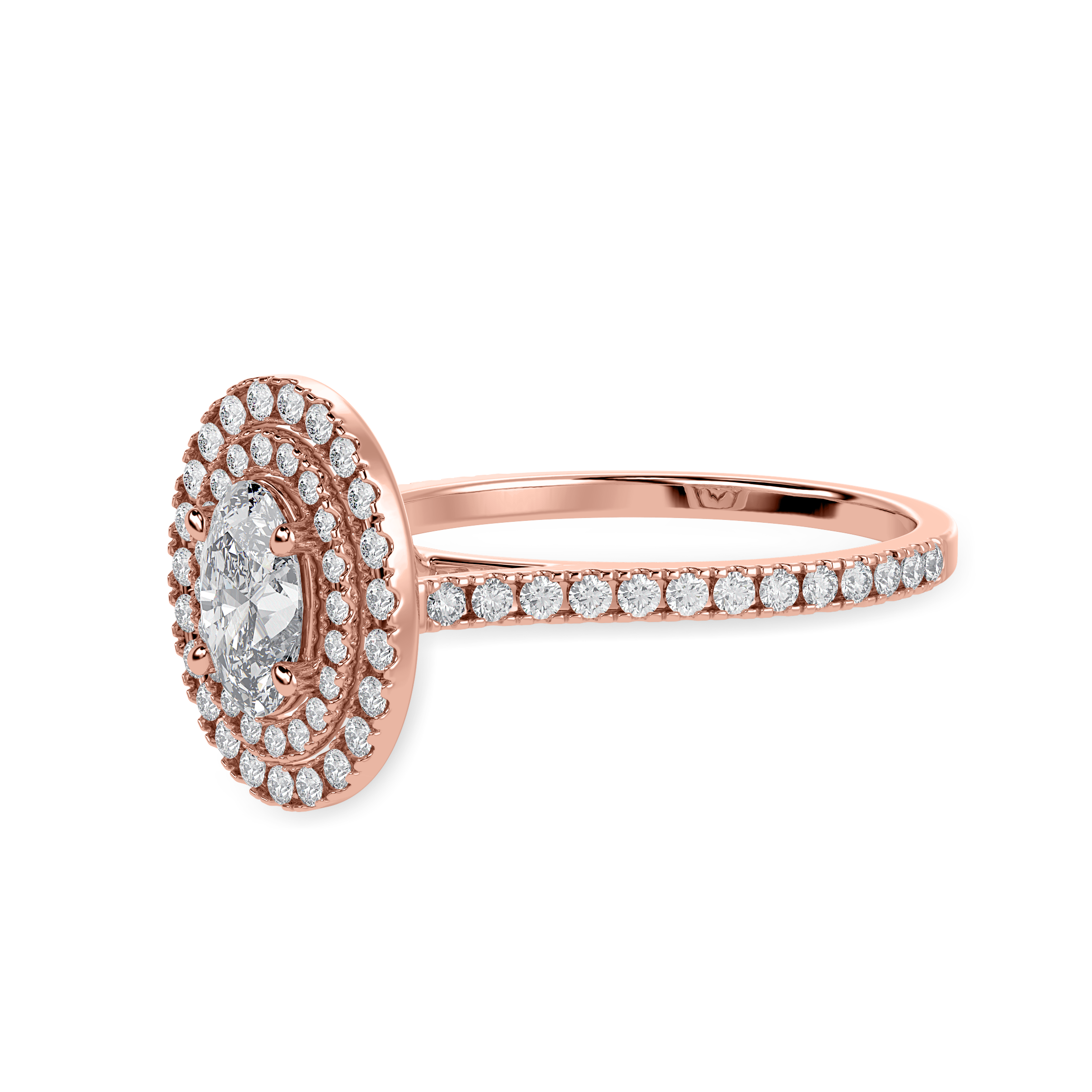 70-Pointer Oval Cut Solitaire Double Halo Diamond Shank 18K Rose Gold Ring JL AU 1299R-B   Jewelove.US