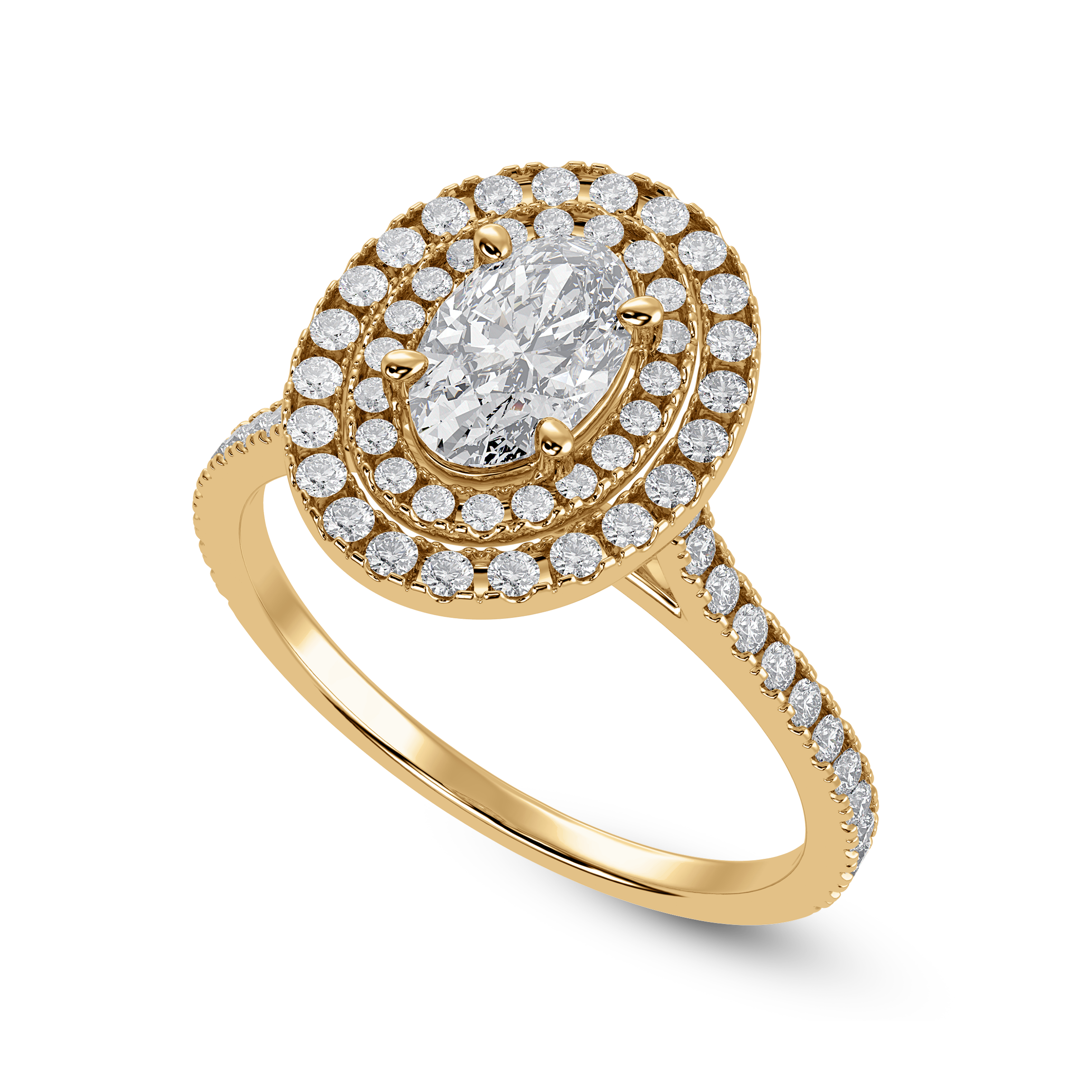 70-Pointer Oval Cut Solitaire Double Halo Diamond Shank 18K Yellow Gold Ring JL AU 1299Y-B   Jewelove.US