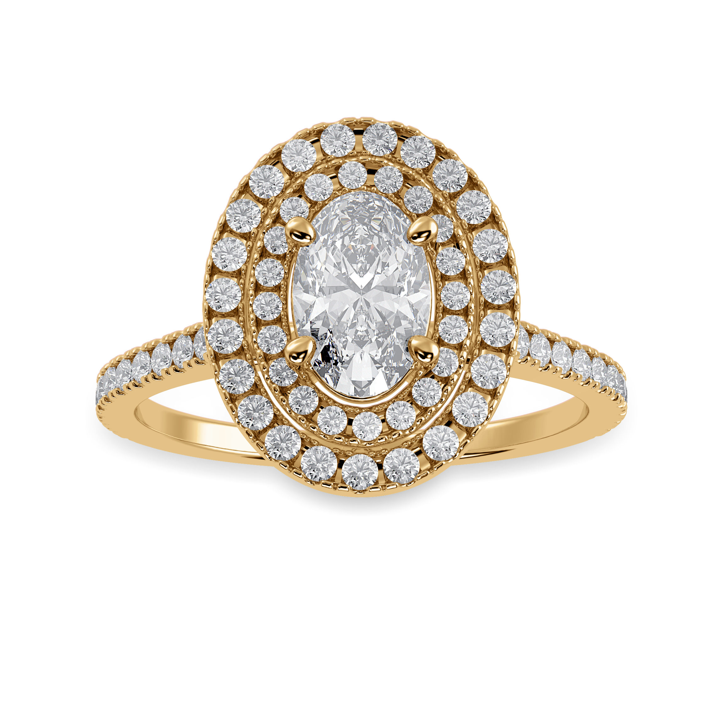 70-Pointer Oval Cut Solitaire Double Halo Diamond Shank 18K Yellow Gold Ring JL AU 1299Y-B   Jewelove.US