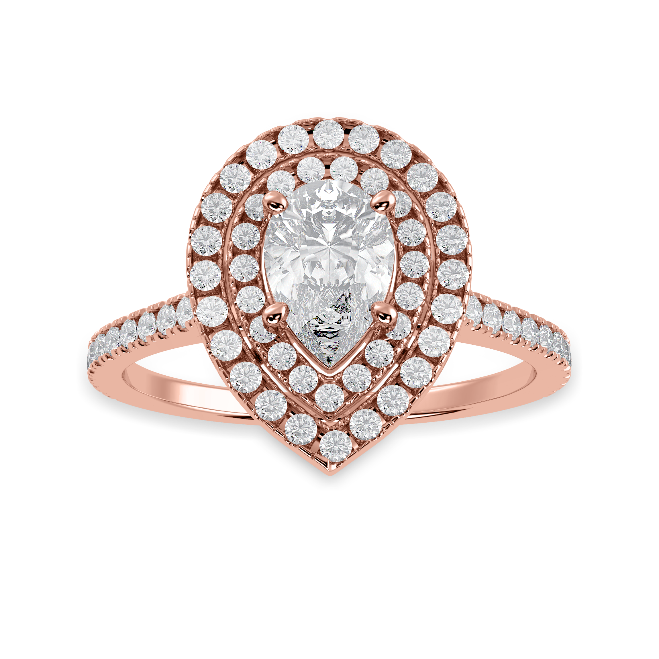 50-Pointer Pear Cut Solitaire Double Halo Diamond Shank 18K Rose Gold Ring JL AU 1300R-A   Jewelove.US