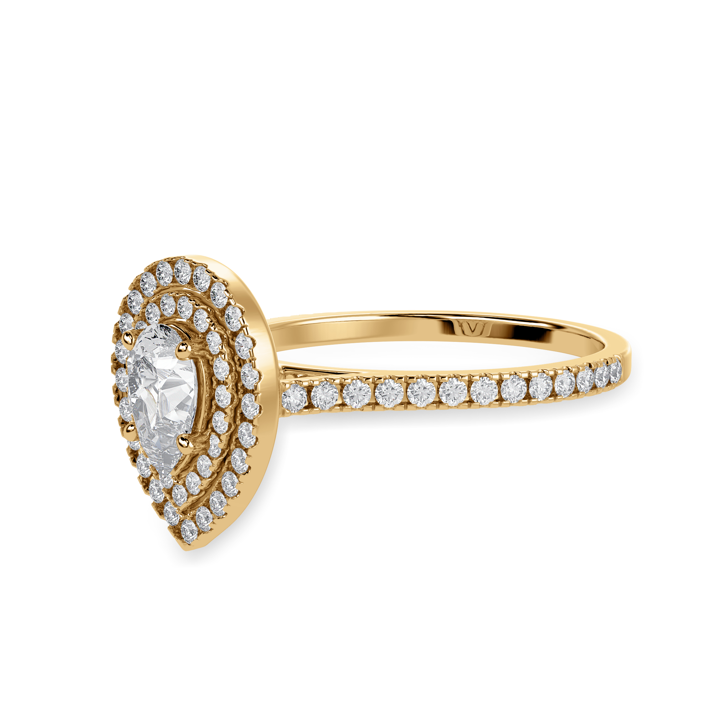 70-Pointer Pear Cut Solitaire Double Halo Diamond Shank 18K Yellow Gold Ring JL AU 1300Y-B   Jewelove.US