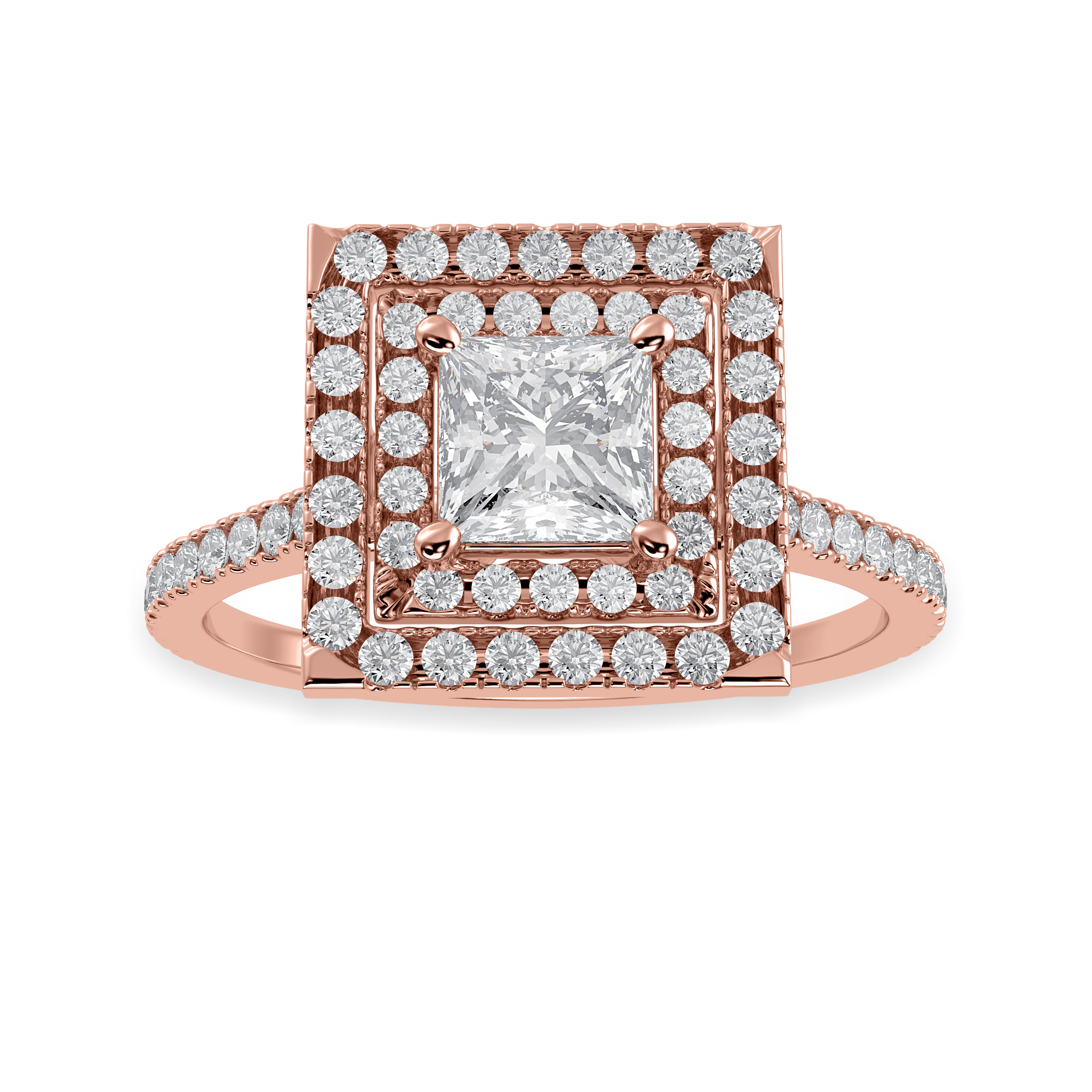 50-Pointer Princess Cut Solitaire Double Halo Diamond Shank 18K Rose Gold Ring JL AU 1301R-A   Jewelove.US