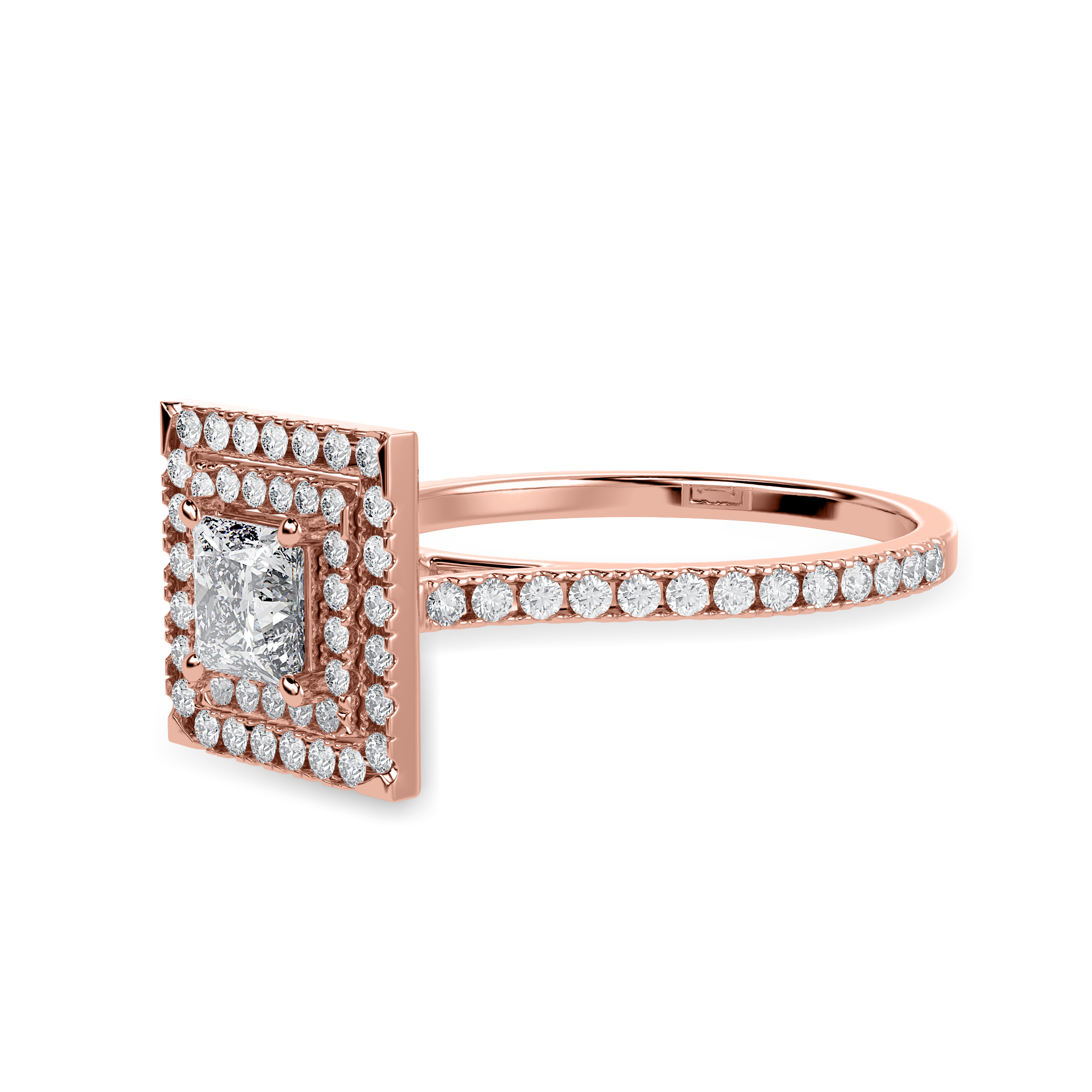 70-Pointer Princess Cut Solitaire Double Halo Diamond Shank 18K Rose Gold Ring JL AU 1301R-B   Jewelove.US