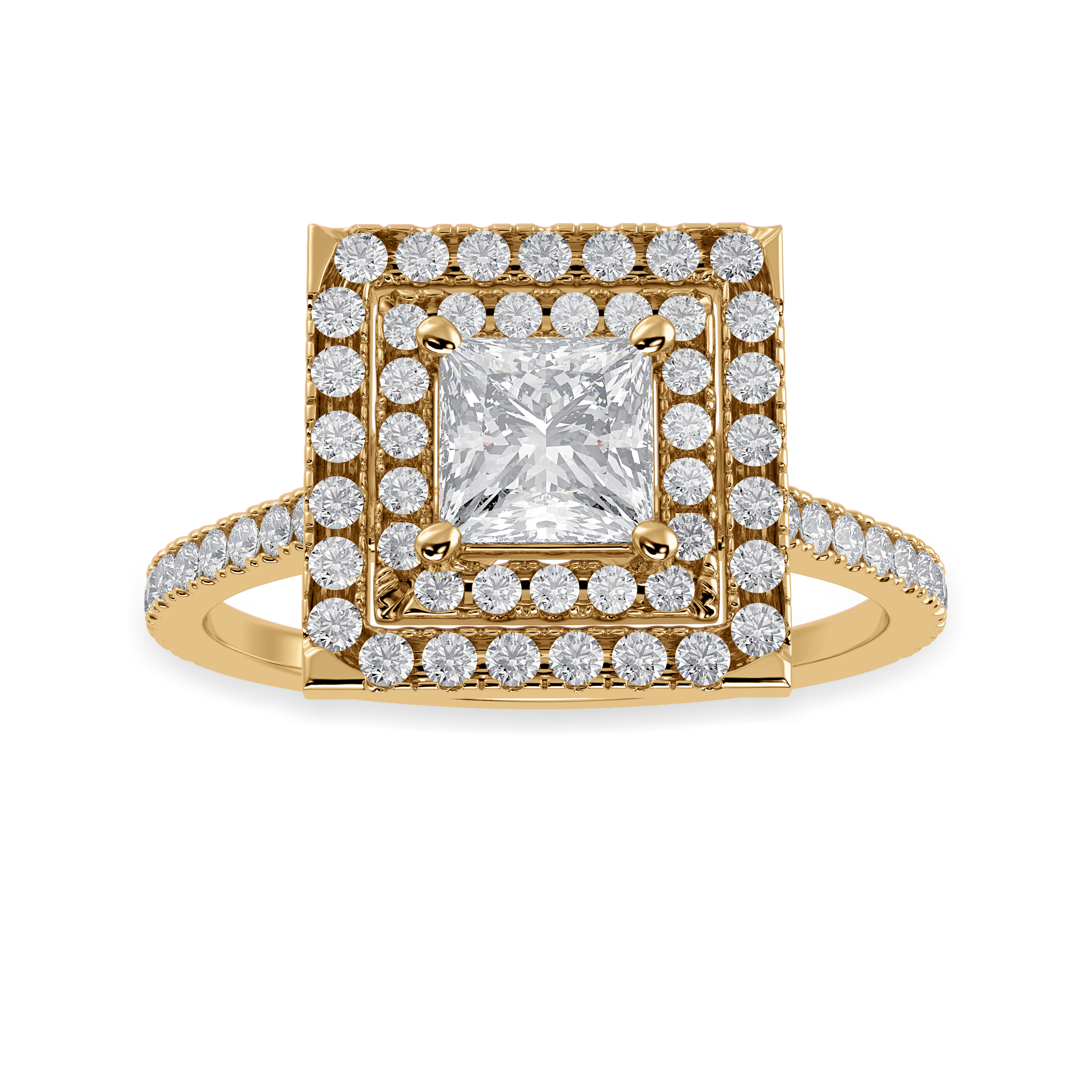 70-Pointer Princess Cut Solitaire Double Halo Diamond Shank 18K Yellow Gold Ring JL AU 1301Y-B   Jewelove.US