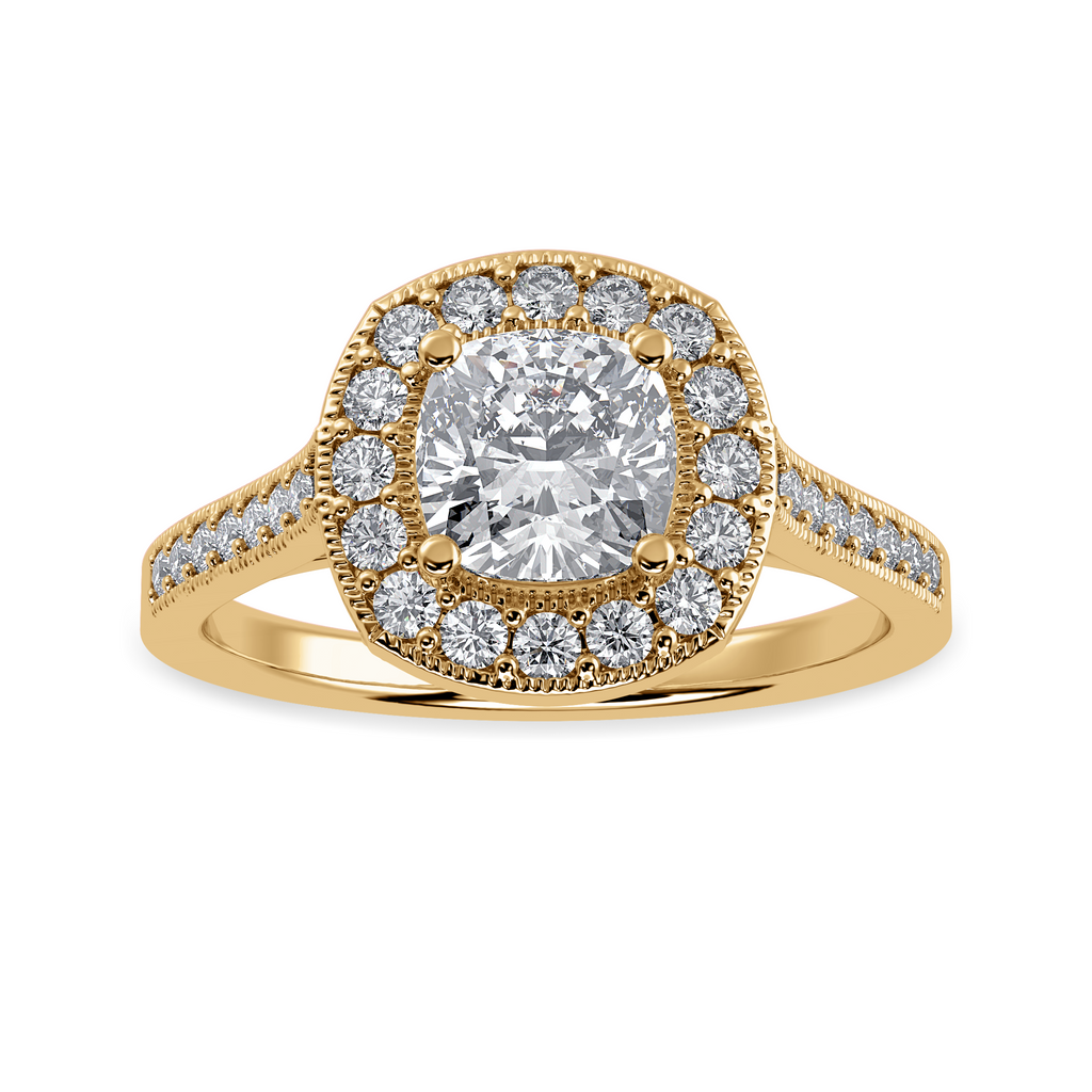 50-Pointer Cushion Cut Solitaire Halo Diamond Shank 18K Yellow Gold Ring JL AU 1303Y-A   Jewelove.US