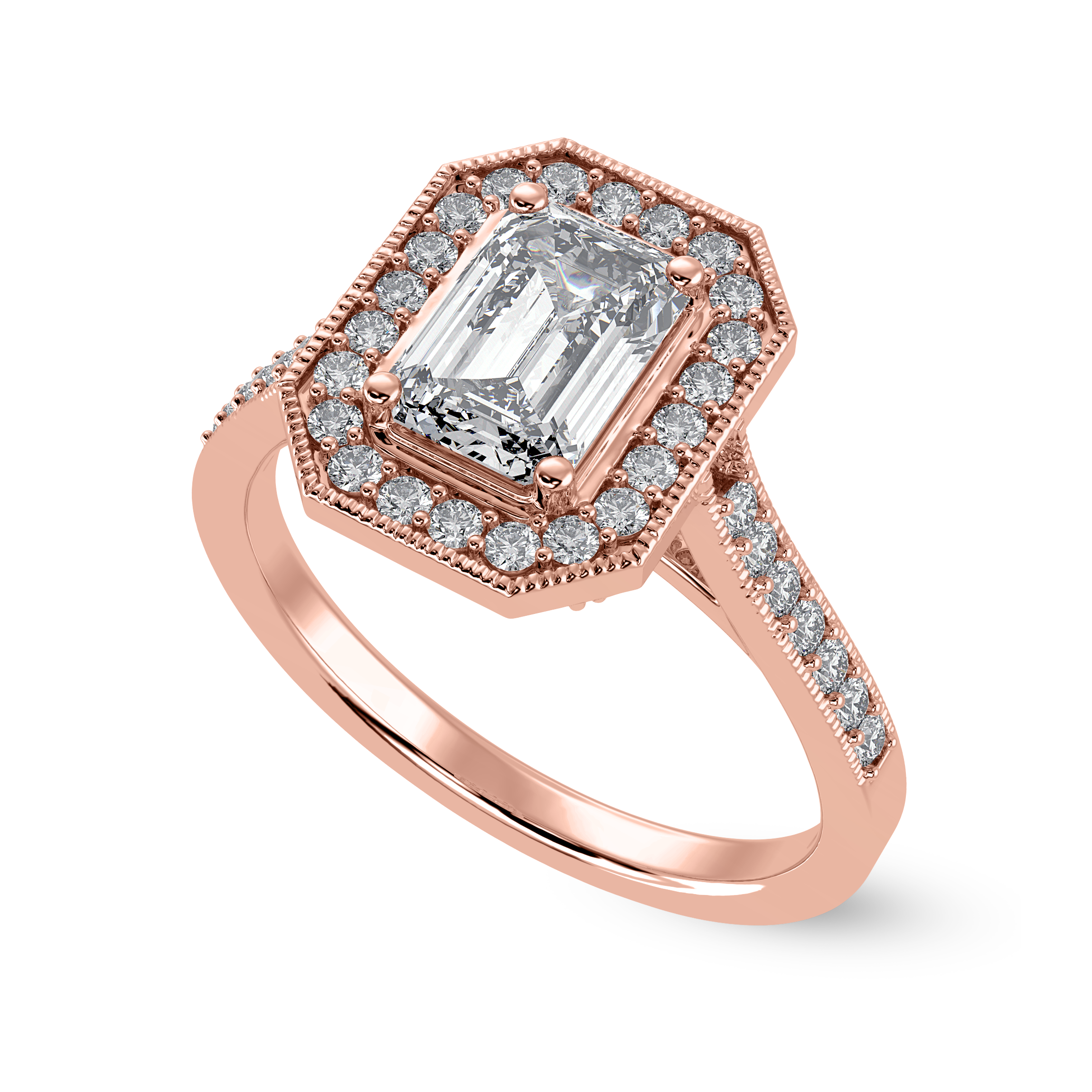 70-Pointer Emerald Cut Solitaire Halo Diamond Shank 18K Rose Gold Ring JL AU 1304R-B   Jewelove.US