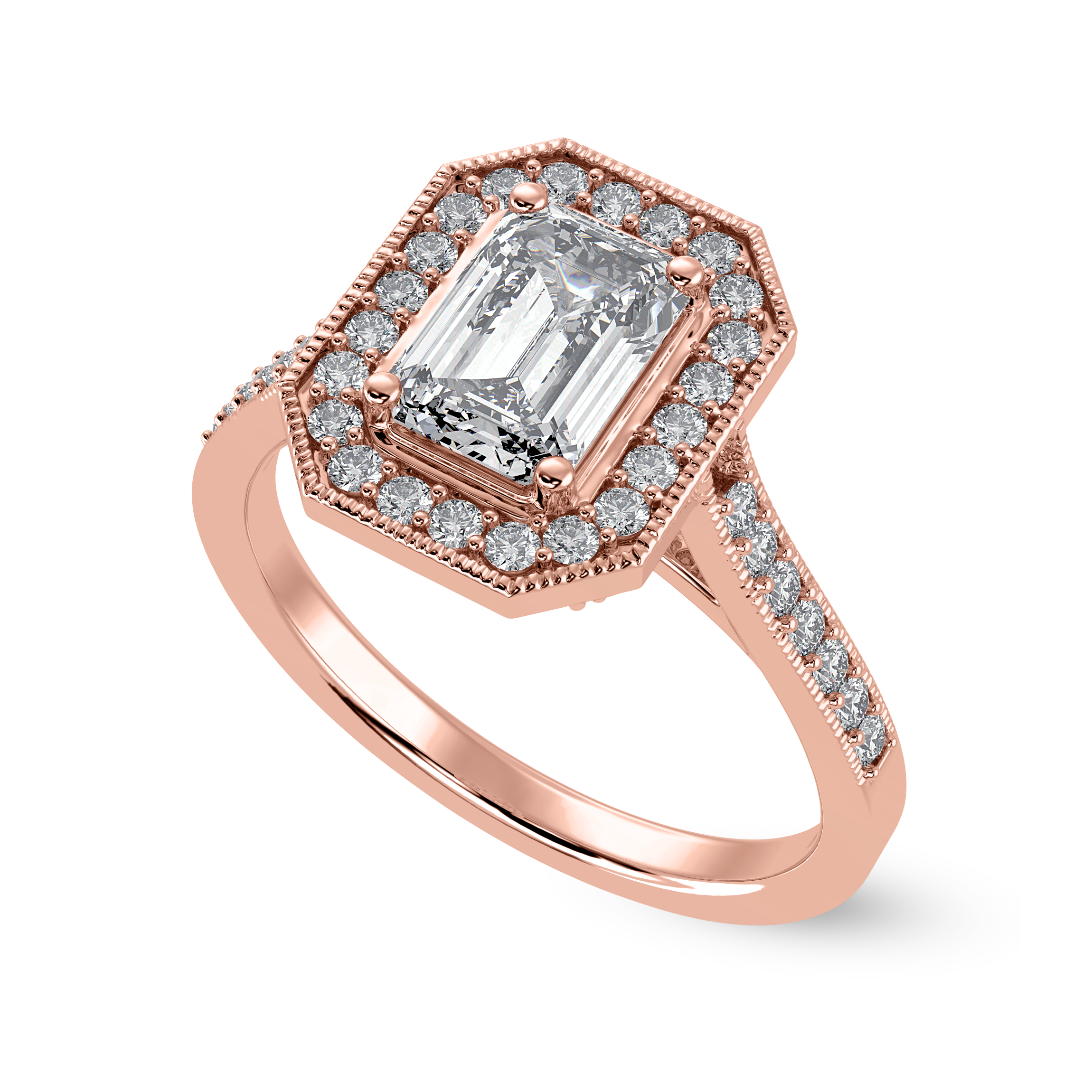 50-Pointer Emerald Cut Solitaire Halo Diamond Shank 18K Rose Gold Ring JL AU 1304R-A   Jewelove.US