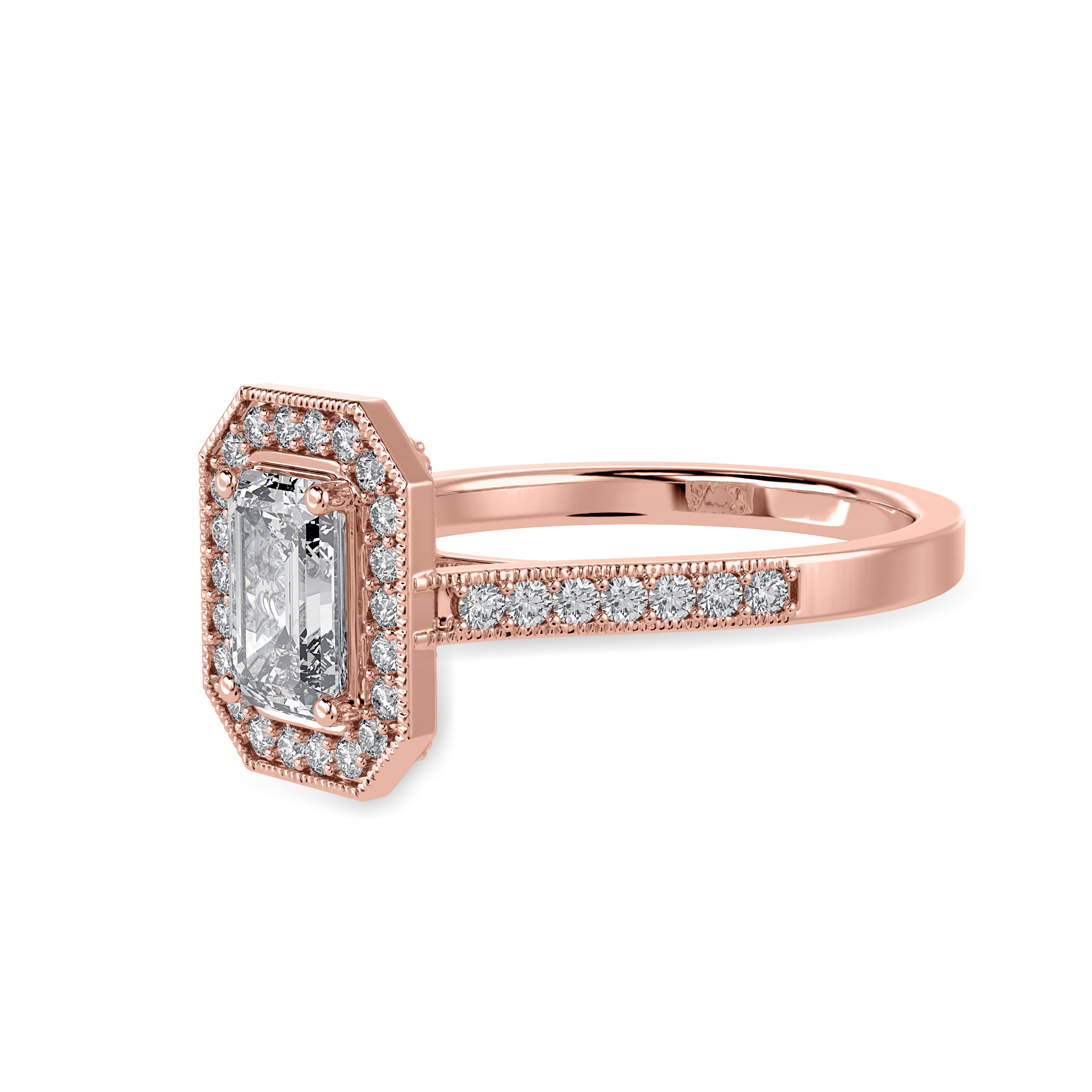 50-Pointer Emerald Cut Solitaire Halo Diamond Shank 18K Rose Gold Ring JL AU 1304R-A   Jewelove.US