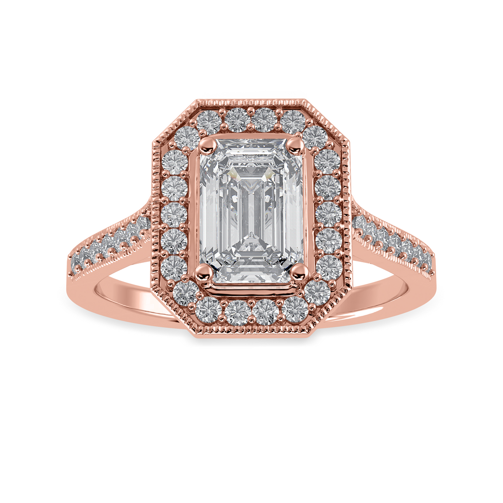 50-Pointer Emerald Cut Solitaire Halo Diamond Shank 18K Rose Gold Ring JL AU 1304R-A   Jewelove.US