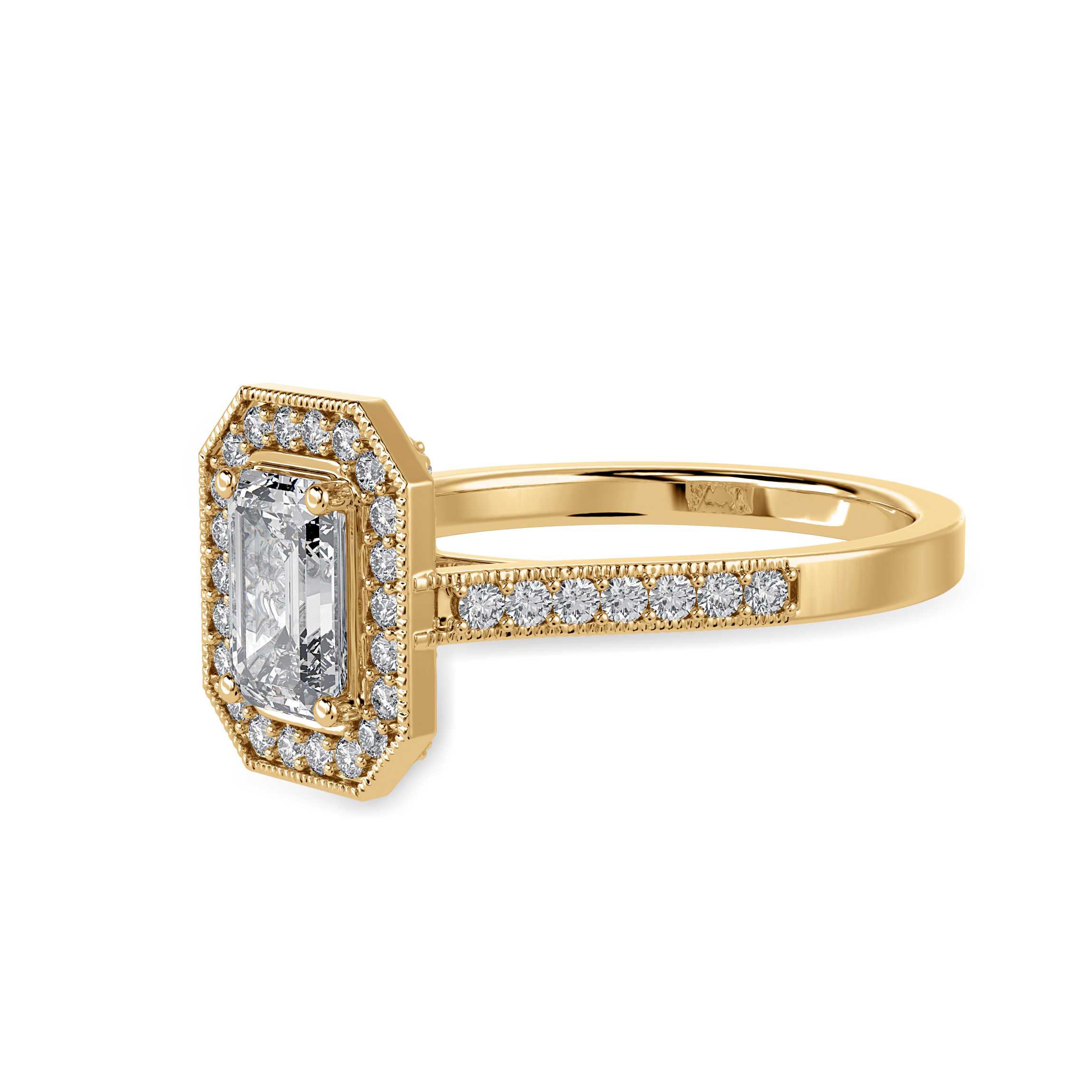 50-Pointer Emerald Cut Solitaire Halo Diamond Shank 18K Yellow Gold Ring JL AU 1304Y-A   Jewelove.US