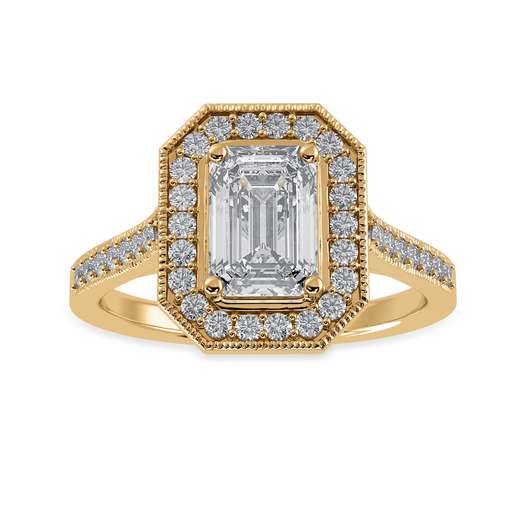 70-Pointer Emerald Cut Solitaire Halo Diamond Shank 18K Yellow Gold Ring JL AU 1304Y-B   Jewelove.US