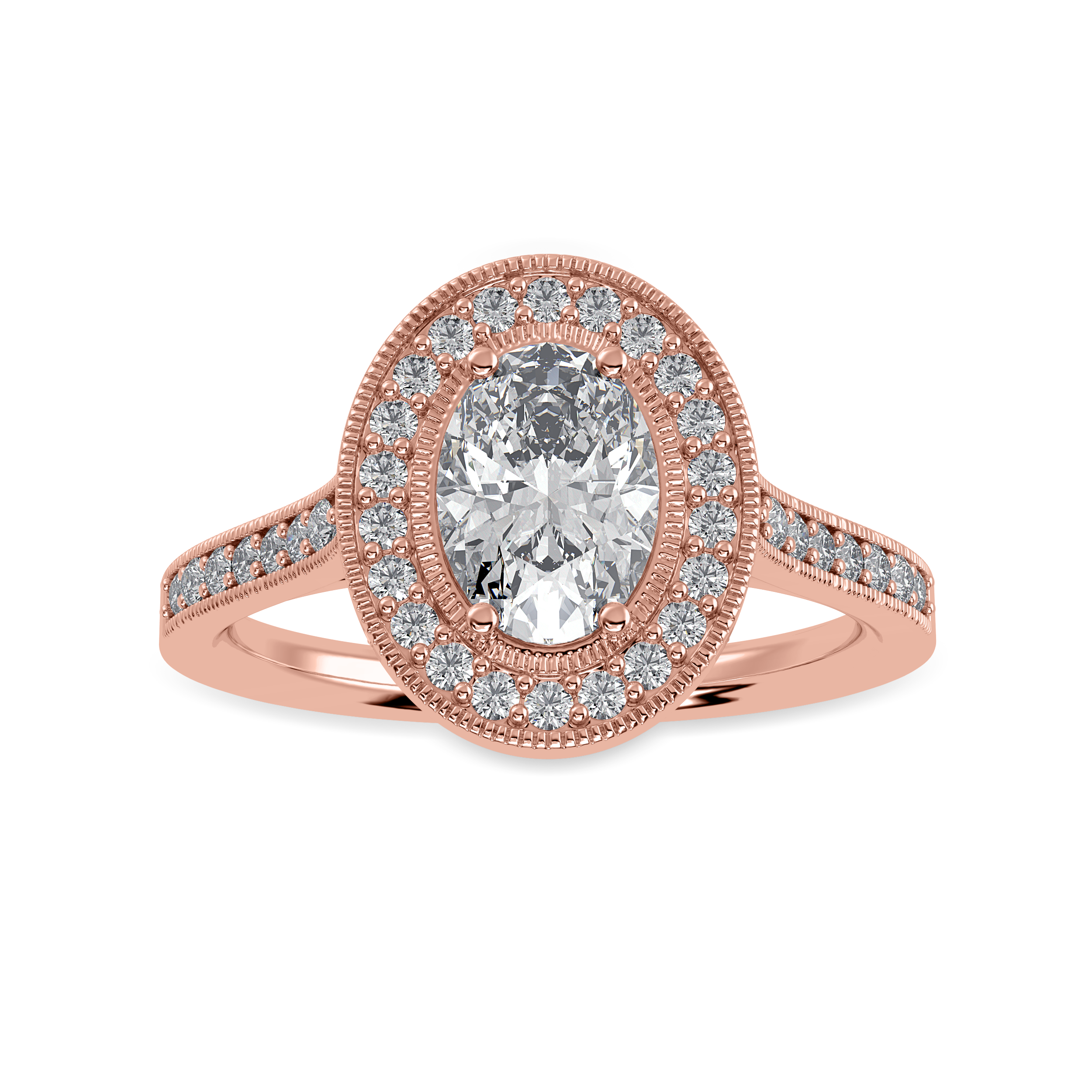 70-Pointer Oval Cut Solitaire Halo Diamond Shank 18K Rose Gold Ring JL AU 1325R-B   Jewelove.US