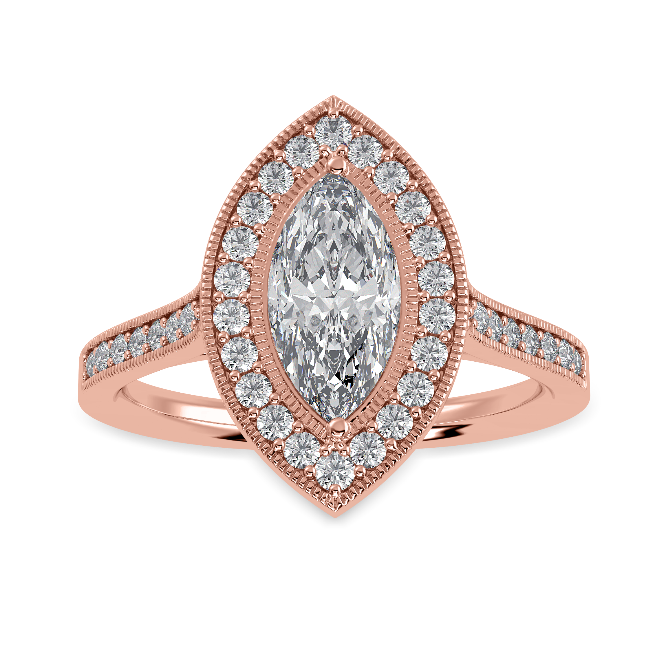 70-Pointer Marquise Cut Solitaire Halo Diamond Shank 18K Rose Gold Ring JL AU 1326R-B   Jewelove.US