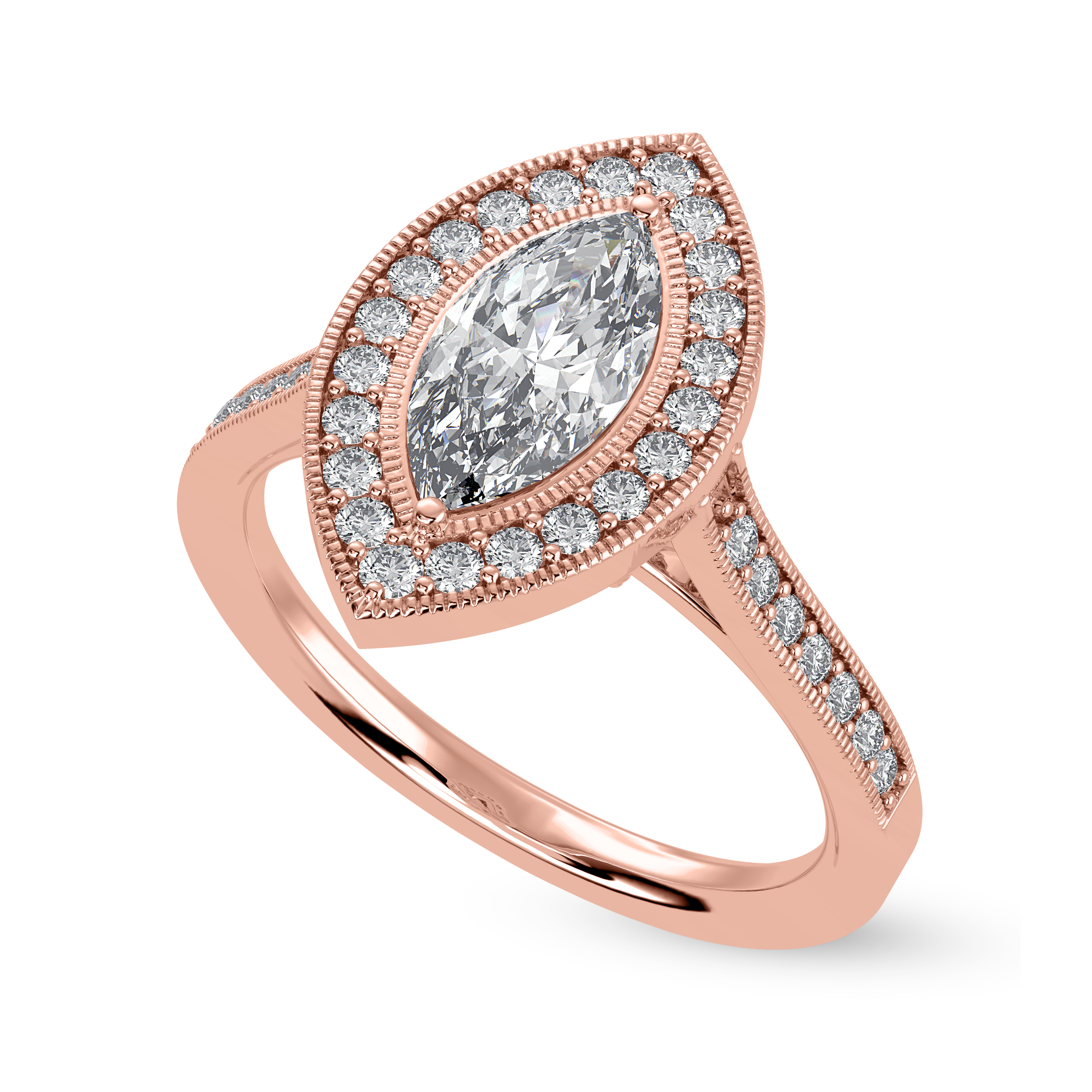 70-Pointer Marquise Cut Solitaire Halo Diamond Shank 18K Rose Gold Ring JL AU 1326R-B   Jewelove.US