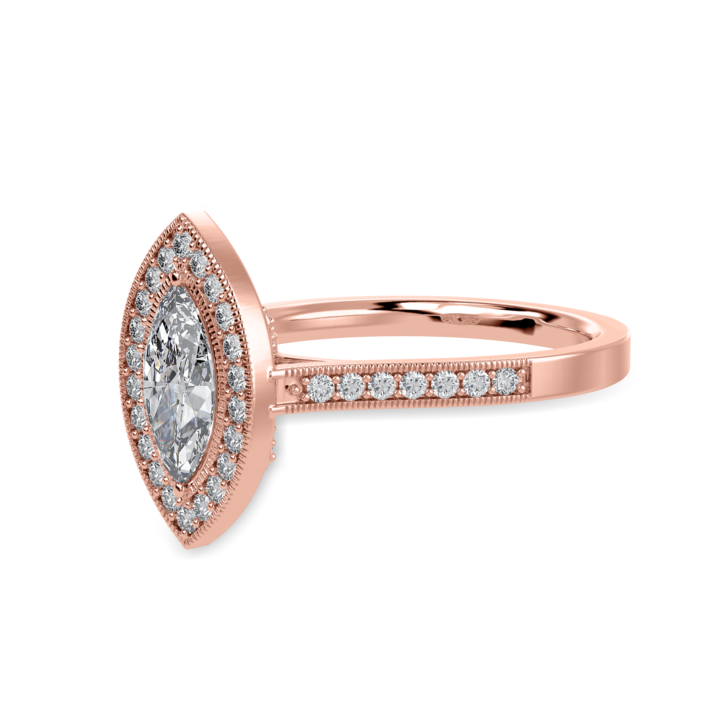 70-Pointer Marquise Cut Solitaire Halo Diamond Shank 18K Rose Gold Ring JL AU 1326R-B   Jewelove.US