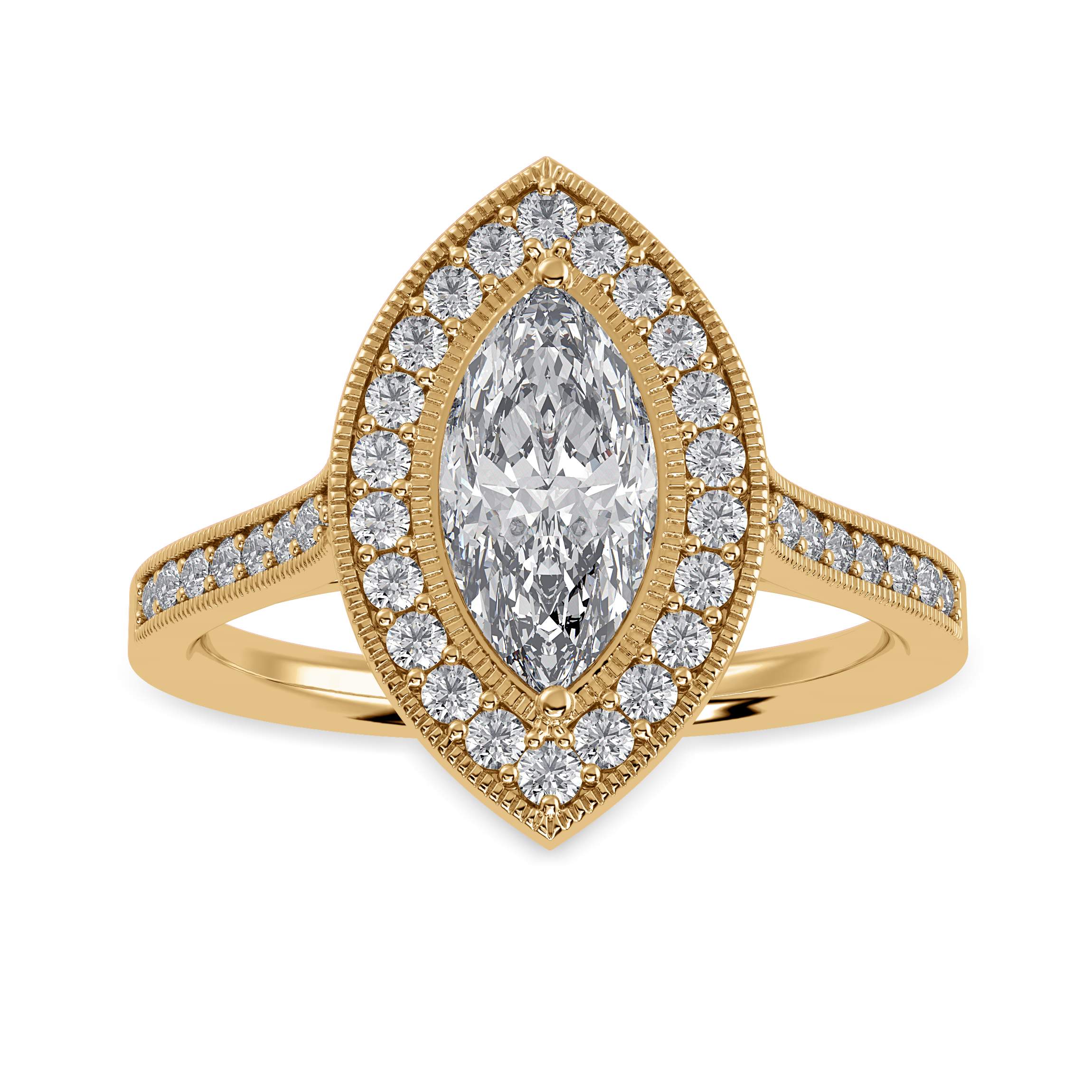 70-Pointer Marquise Cut Solitaire Halo Diamond Shank 18K Yellow Gold Ring JL AU 1326Y-B   Jewelove.US