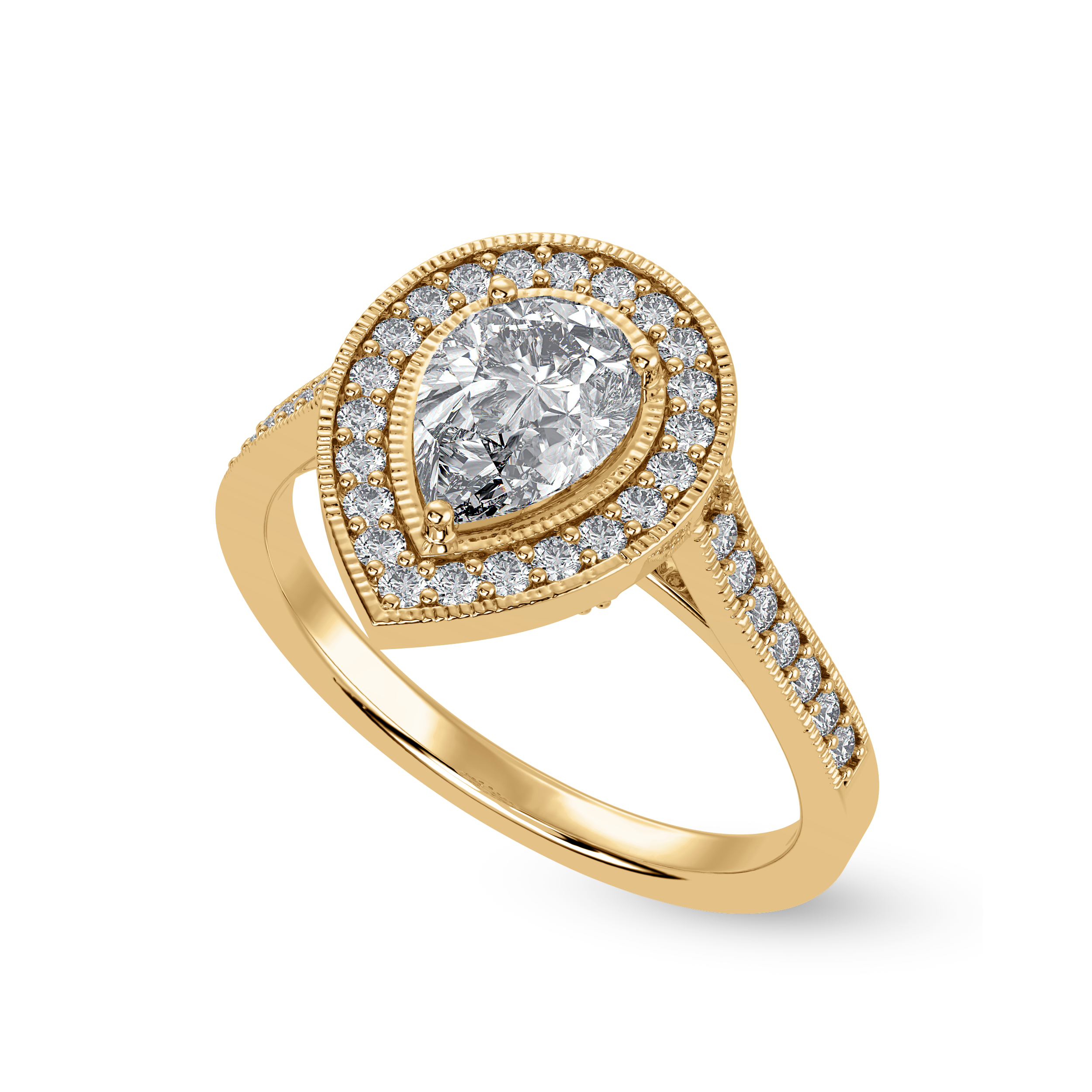 70-Pointer Pear Cut Solitaire Halo Diamond Shank 18K Yellow Gold Ring JL AU 1327Y-B   Jewelove.US